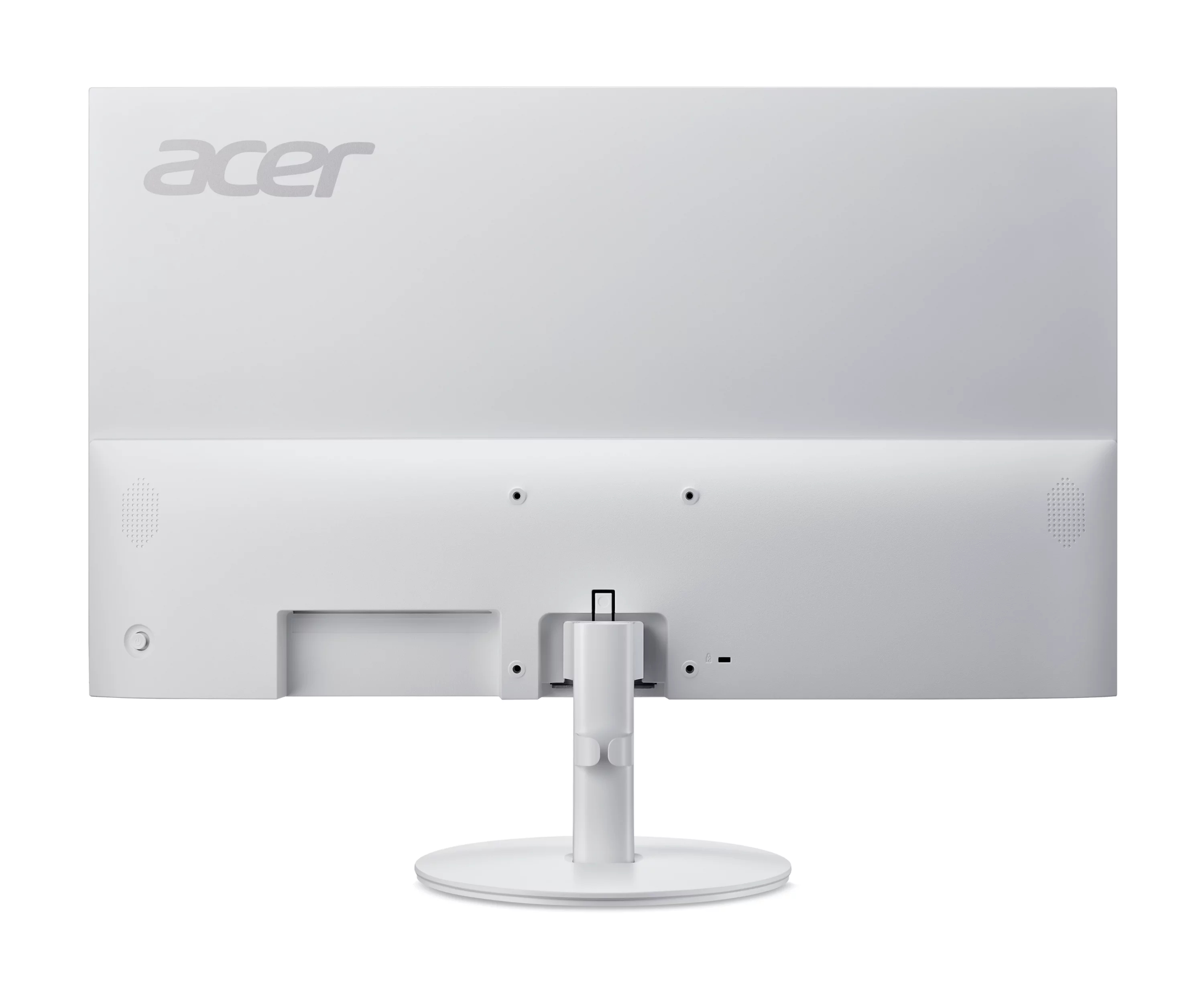 Vista posteriore di un monitor per computer Acer bianco con supporto su sfondo bianco.