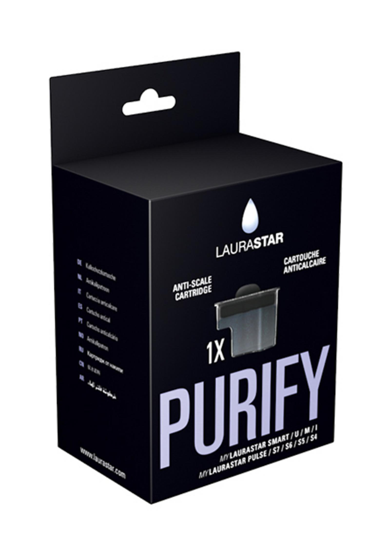 Schwarze Laurastar Purify Anti-Kalk-Kartuschen-Box mit weißer Schrift.