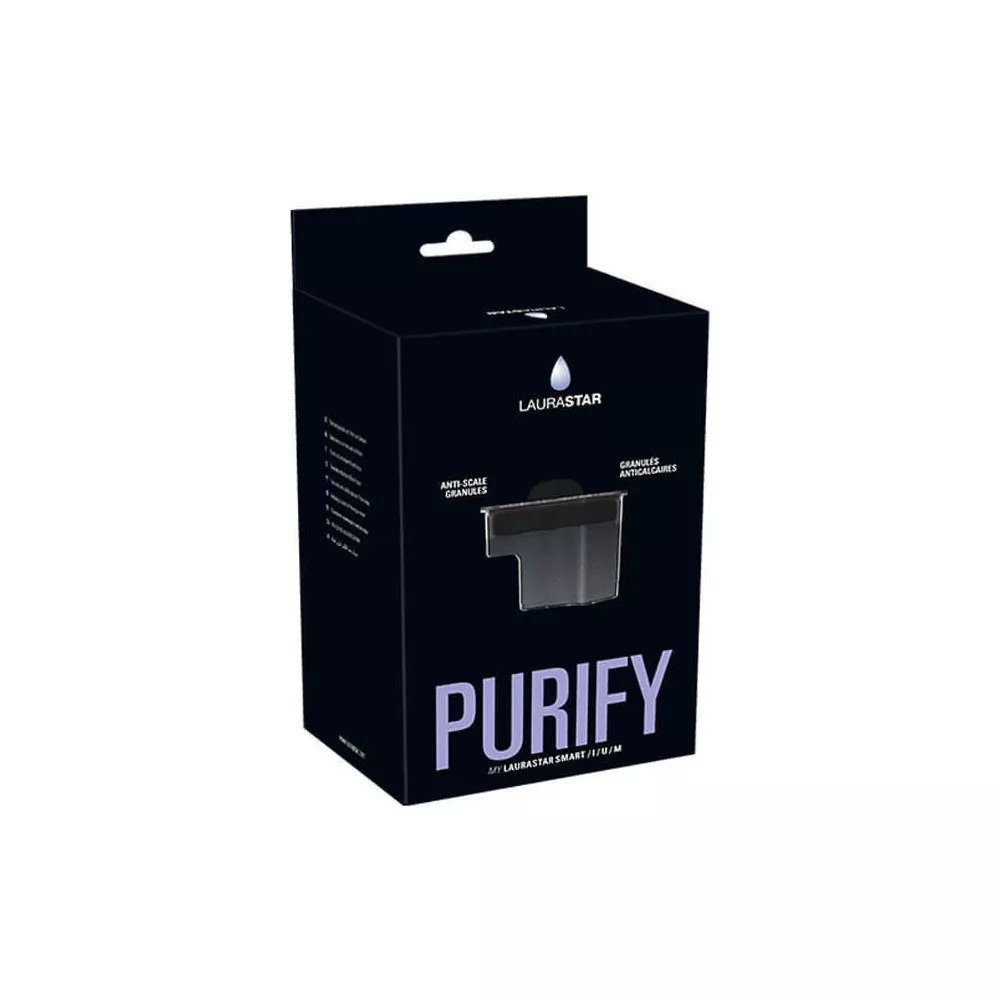 Schwarze Laurastar Purify Anti-Kalk-Granulat Box auf weißem Hintergrund.