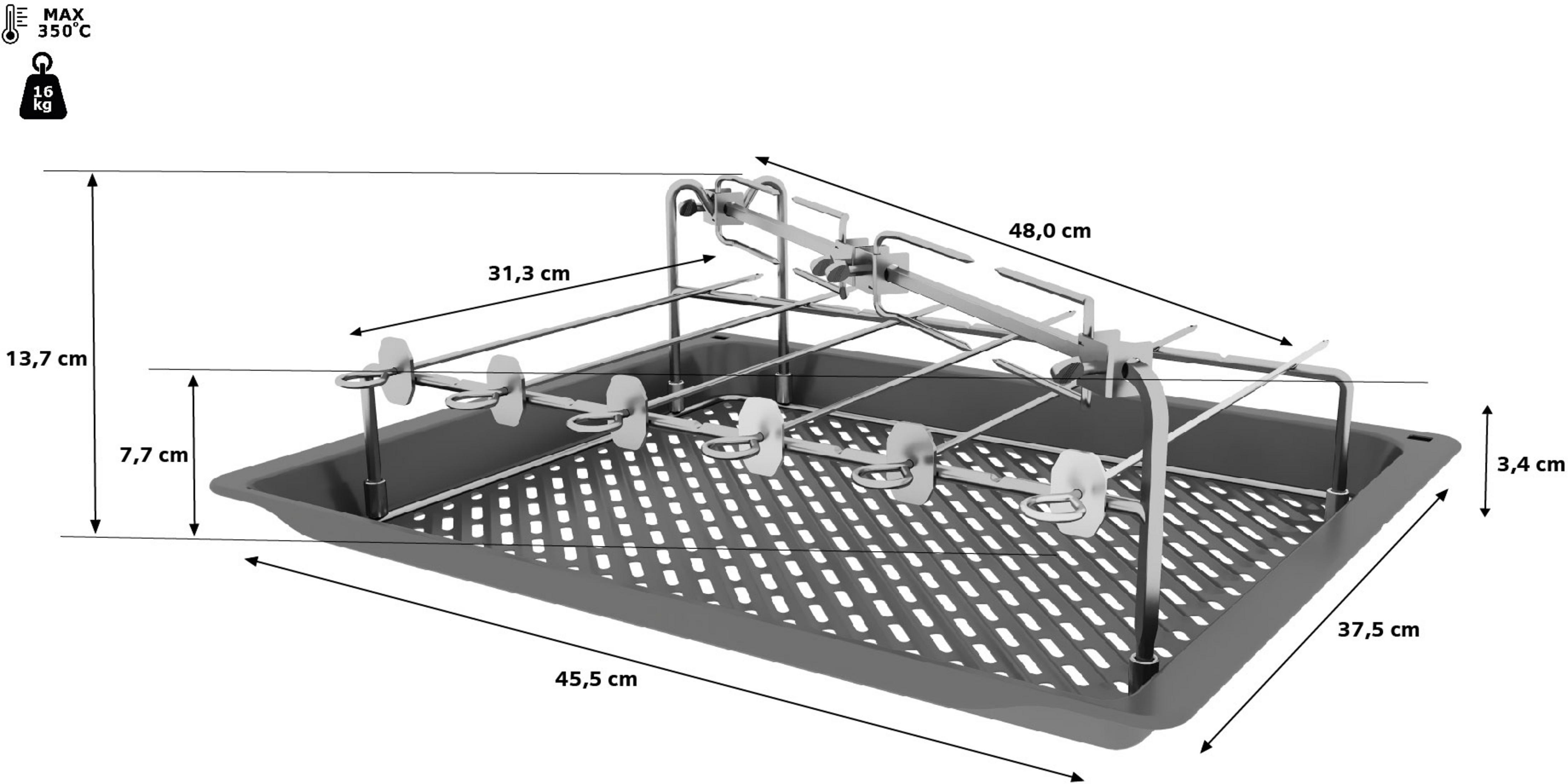 Diagramm eines Metall-Bratschranks mit Abmessungen über einer Tropfschale mit Höhen- und Breitenmaßen.