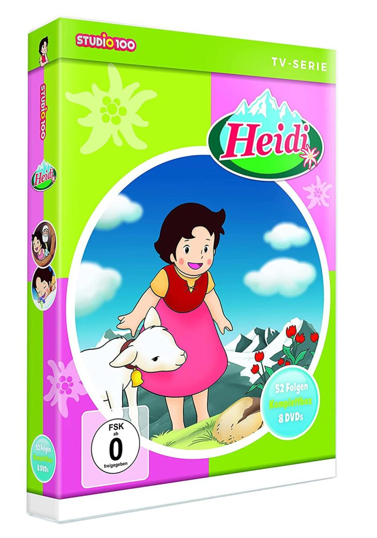 DVD-Cover mit Heidi und einer kleinen weißen Ziege in einer Berglandschaft mit roten Blumen.