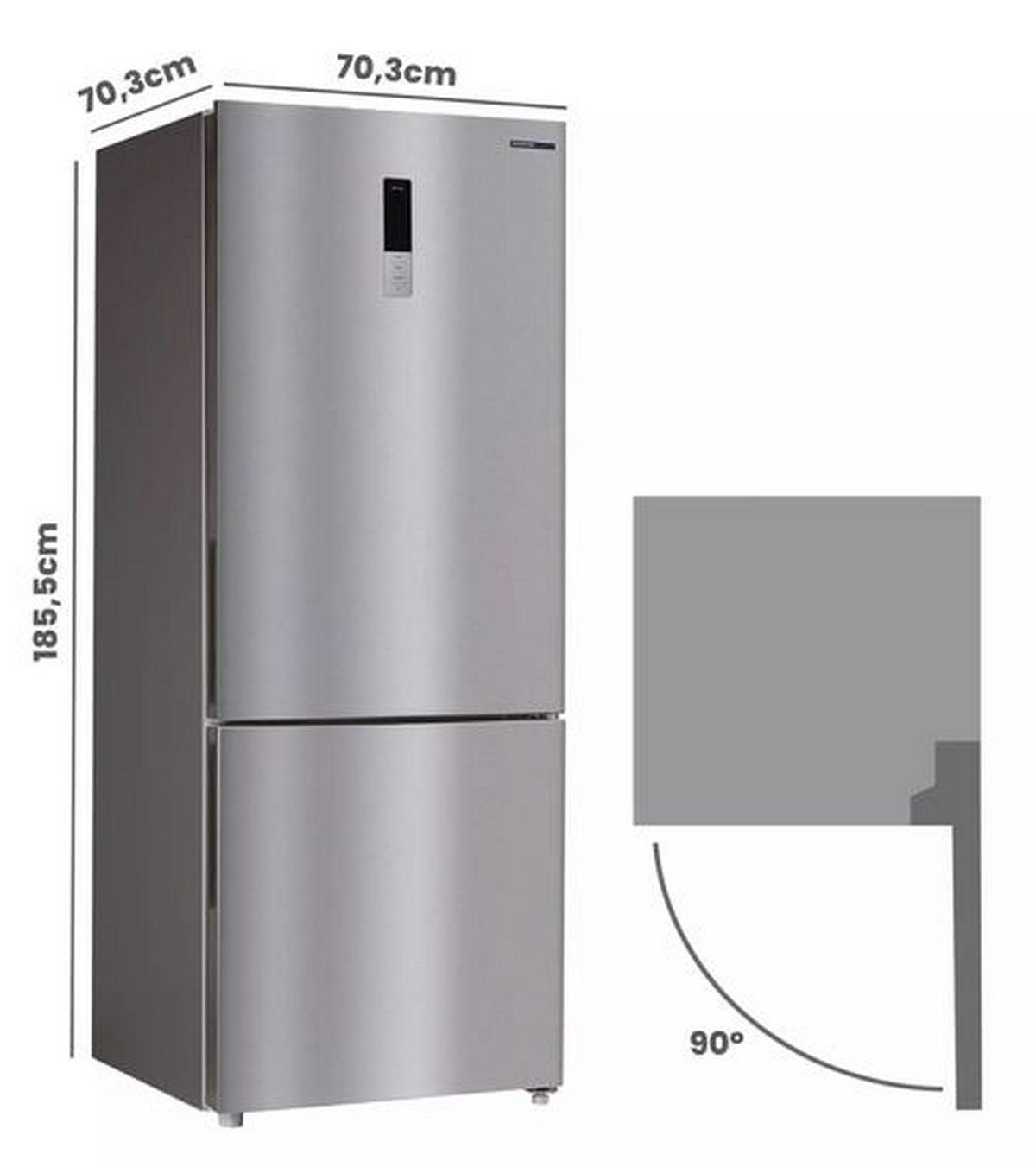 Frigorífico de acero inoxidable con dimensiones 185,5x70,3x70,3 cm y diagrama de apertura de puerta de 90 grados.