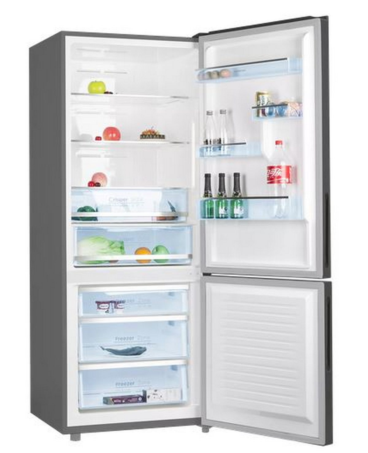 Un refrigerador plateado abierto con comida en los estantes y cajones.