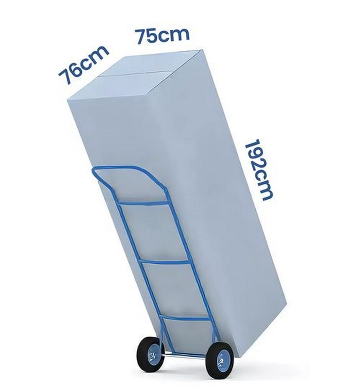 Una caja blanca grande en una carretilla azul con medidas de 76cm, 75cm y 192cm.