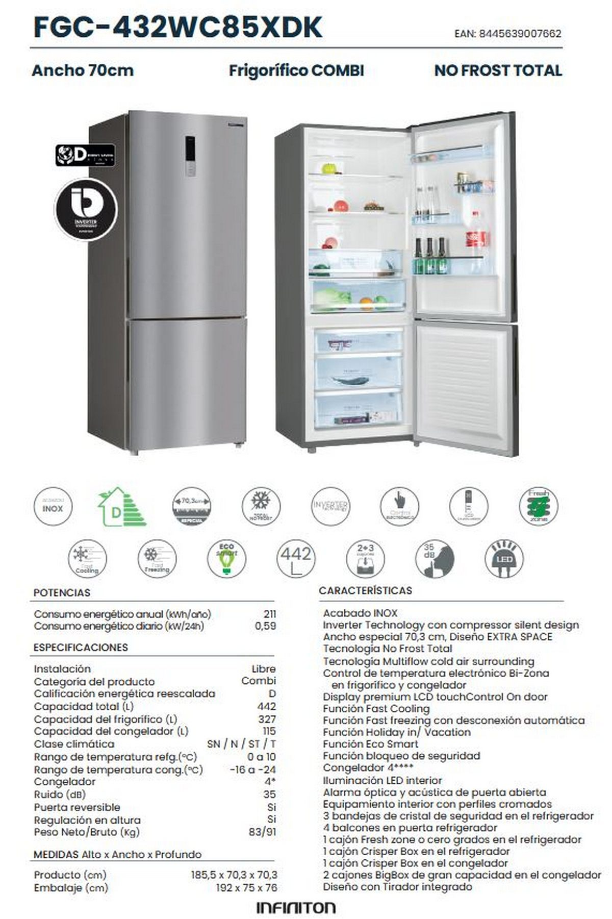 Ficha del frigorífico combi Infiniton FGC-432WC85XDK Inox con puertas abiertas y especificaciones técnicas.