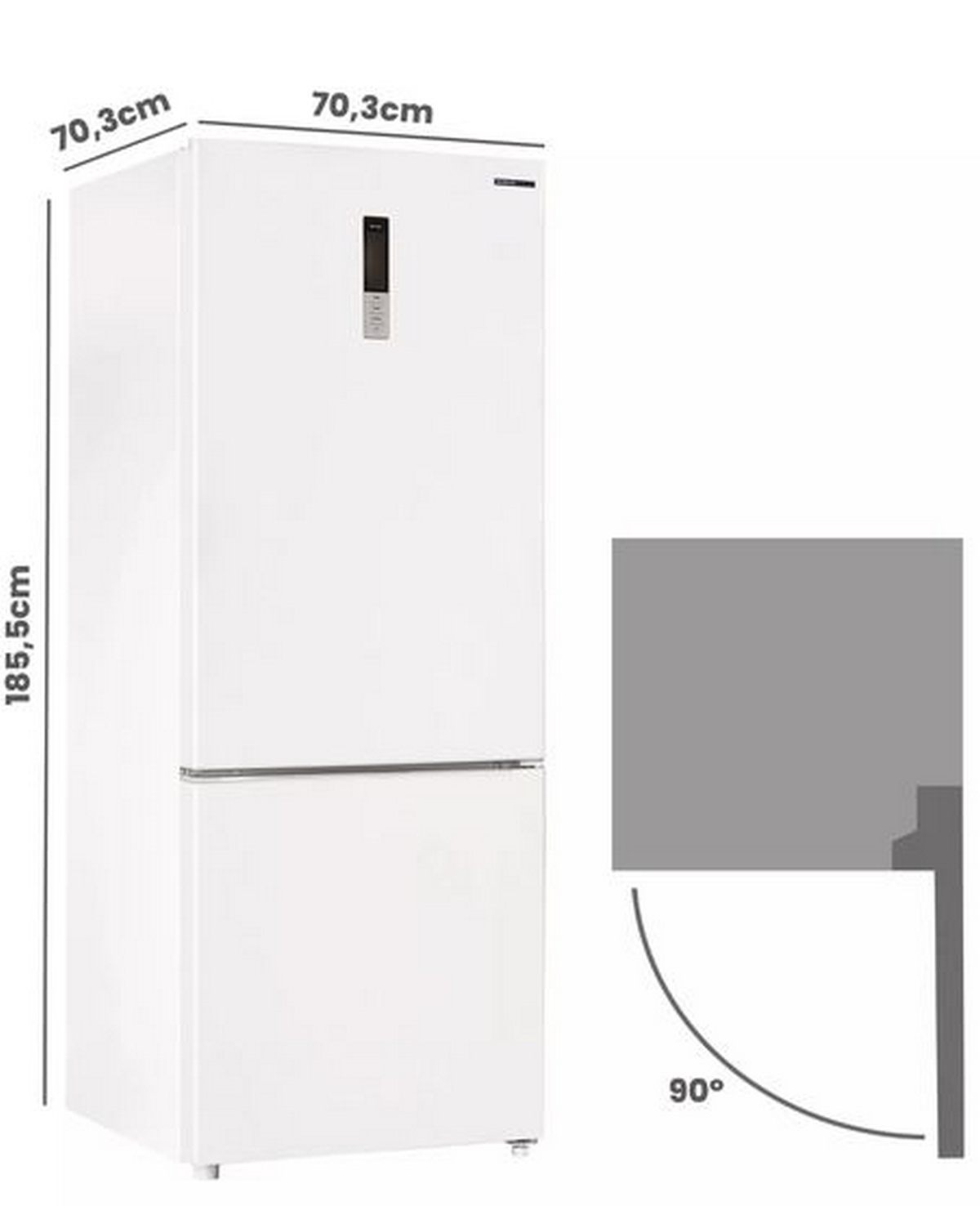 Frigorífico blanco con dimensiones: 185,5 cm de alto, 70,3 cm de ancho y fondo, y apertura de 90 grados.