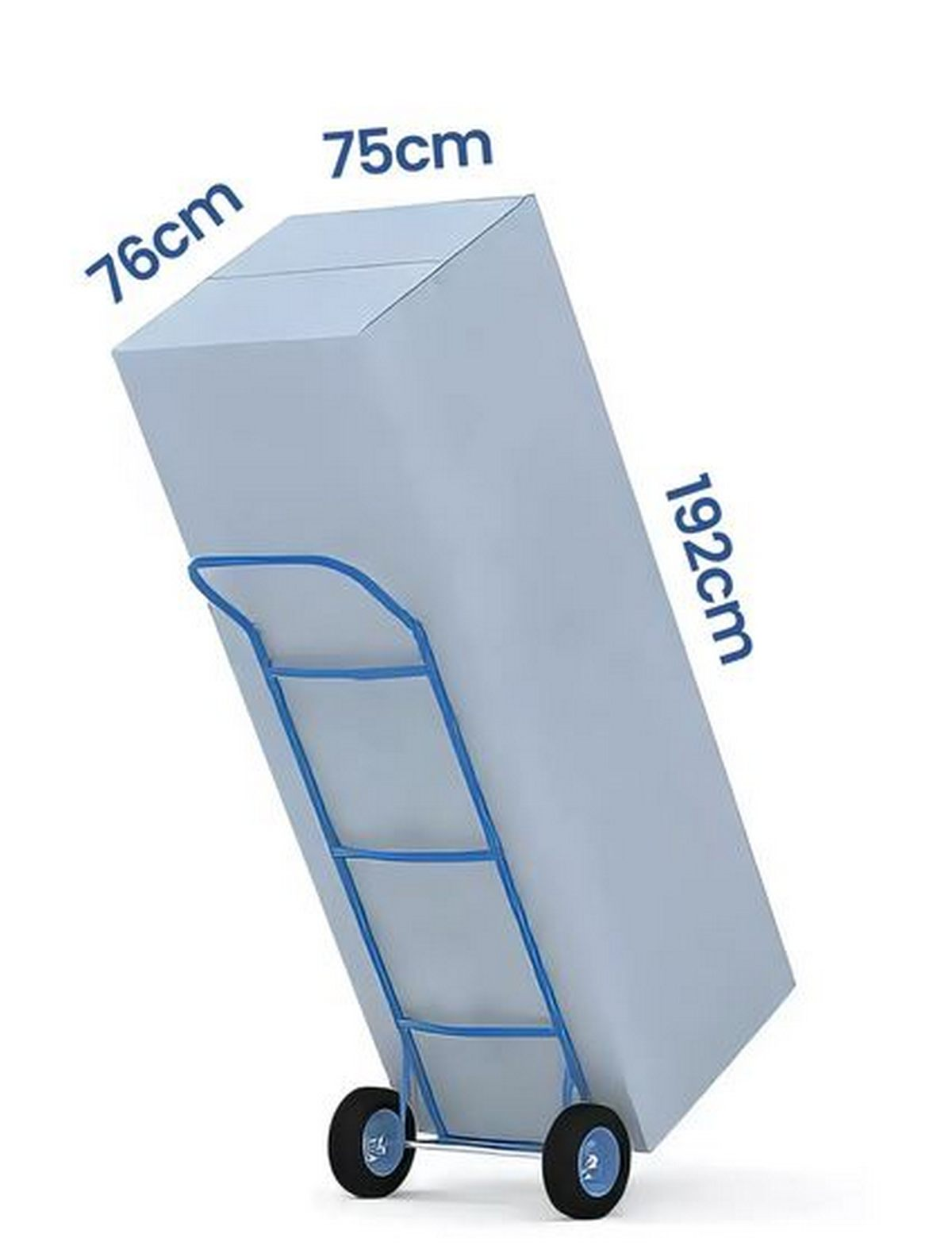 Una caja gris grande en una carretilla azul con dimensiones de 76cm, 75cm y 192cm.