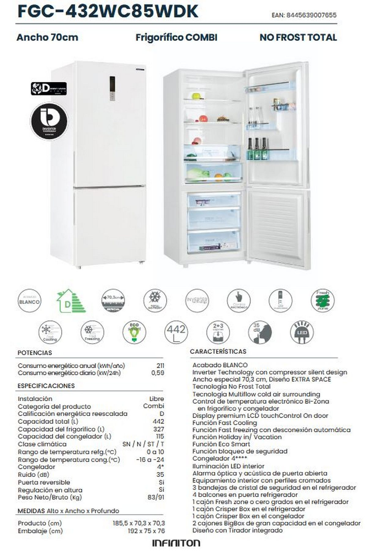 Frigorífico combi blanco Infiniton, cerrado y abierto, con especificaciones técnicas e iconos.