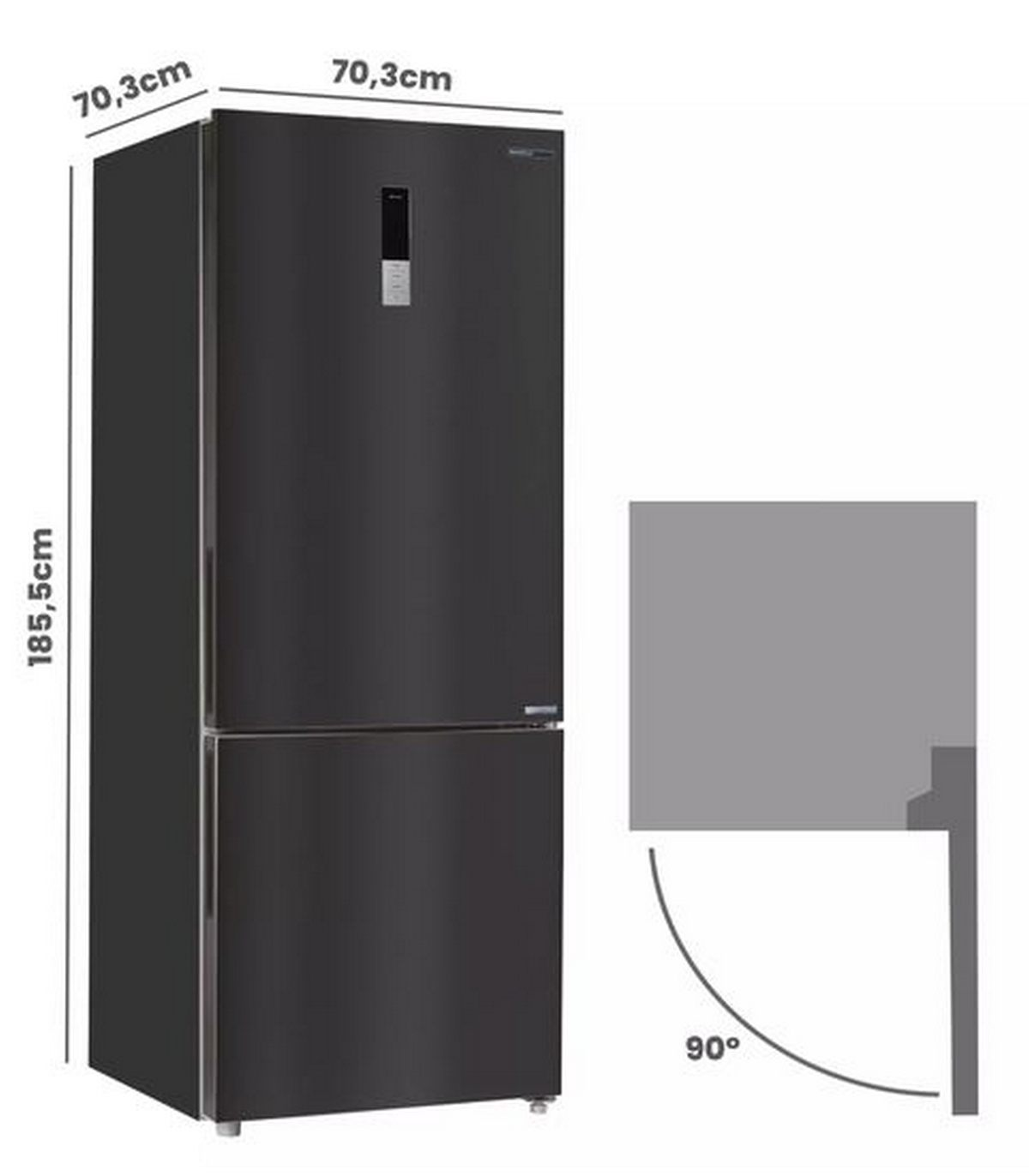 Frigorífico negro con dimensiones: 185,5 cm de alto, 70,3 cm de ancho y fondo. Un diagrama muestra un ángulo de apertura de 90°.