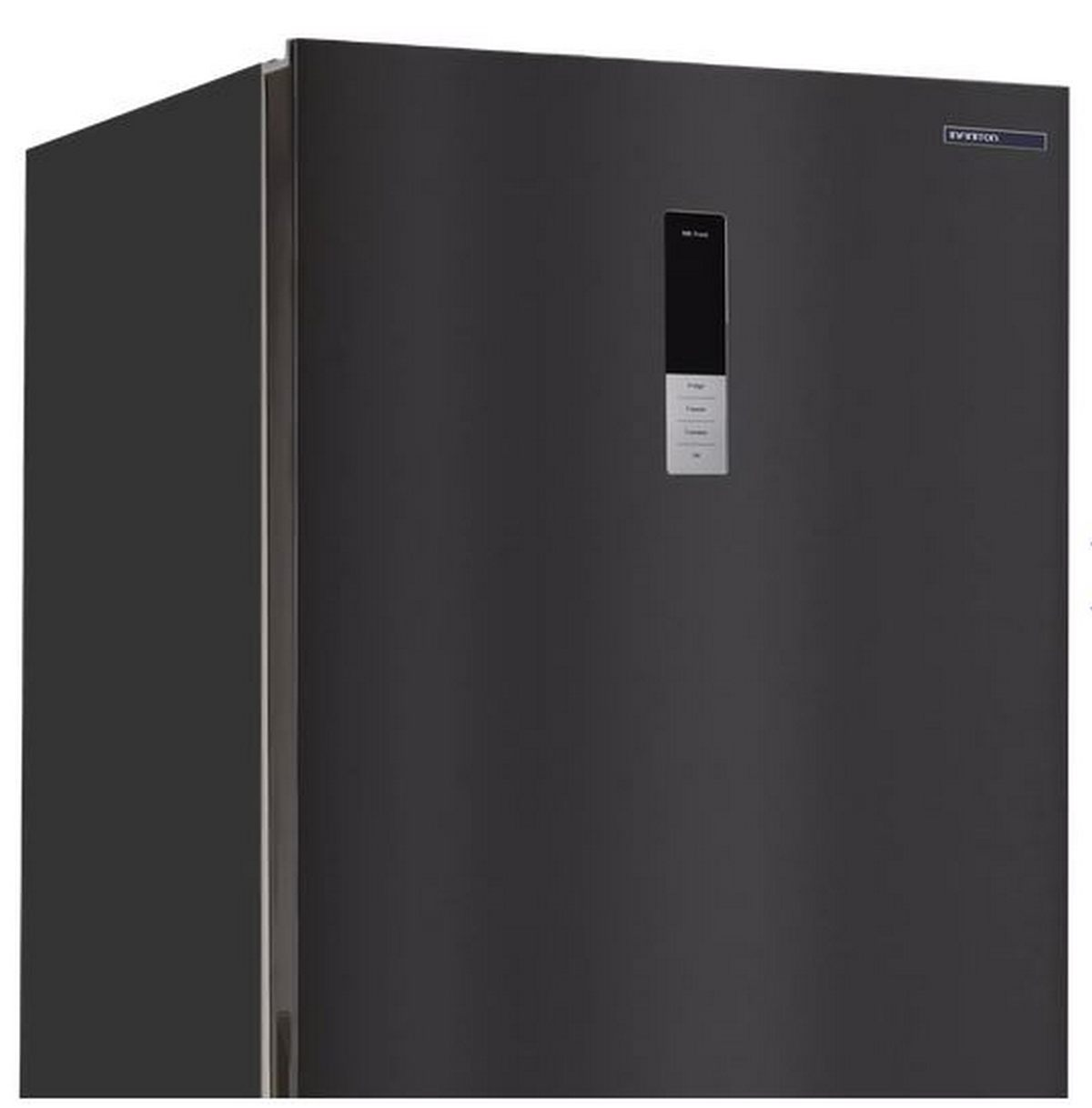 Un refrigerador negro moderno con panel de pantalla digital y un tirador elegante a la izquierda.