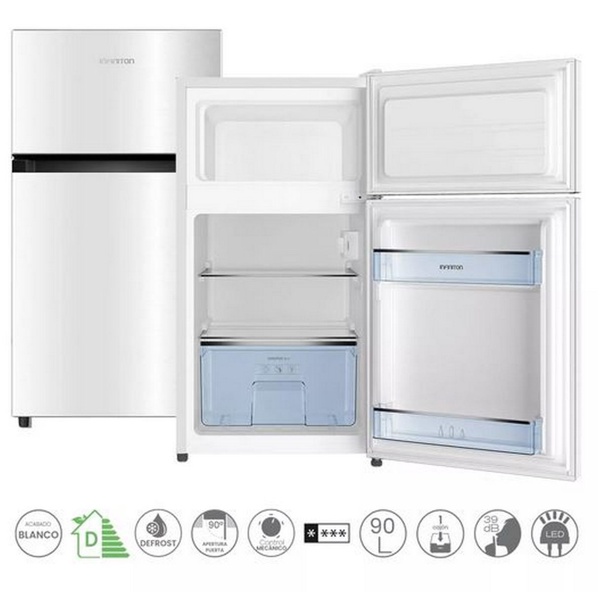 Frigorífico blanco de dos puertas abierto con estantes y congelador, e iconos de características abajo.