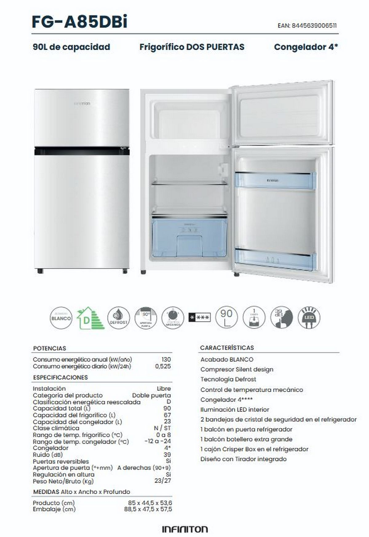 Frigorífico plateado Infiniton FG-A85DBi con especificaciones, EAN y vistas abierta y cerrada con estantes.