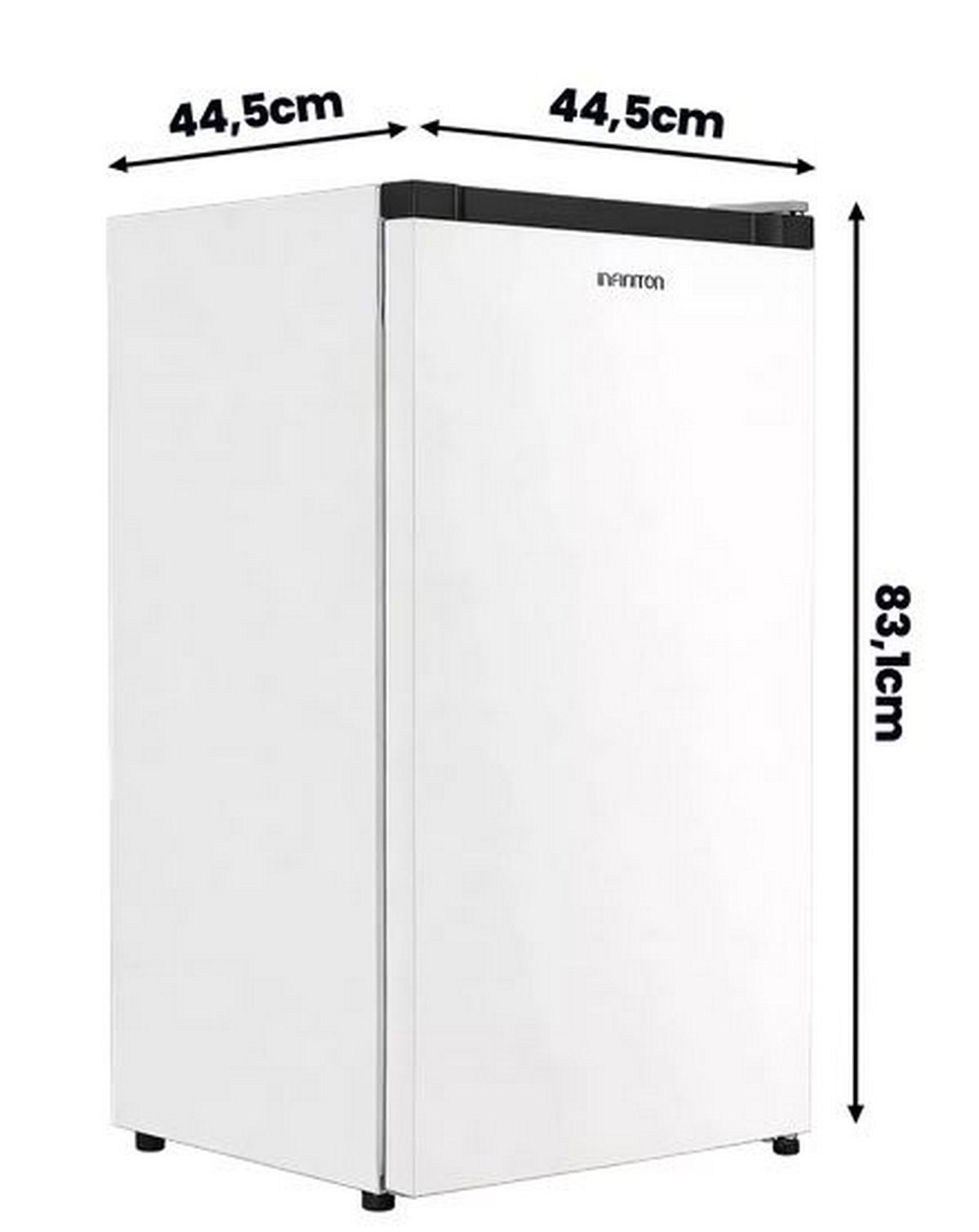Pequeño refrigerador blanco con dimensiones de 44.5 cm de ancho y 83.1 cm de alto.