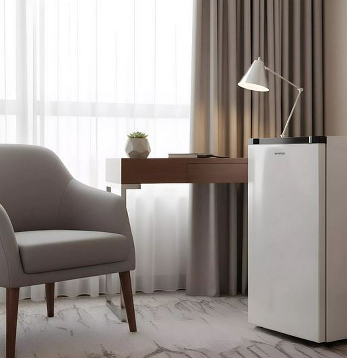 Un sillón gris, una mininevera blanca con lámpara y un escritorio están en una habitación luminosa.