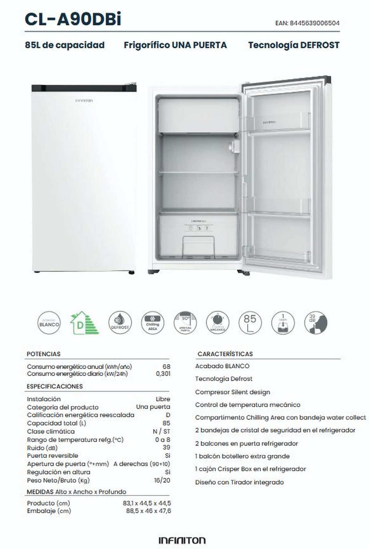 Ficha de producto de un frigorífico blanco de una puerta con 85L de capacidad y especificaciones técnicas.