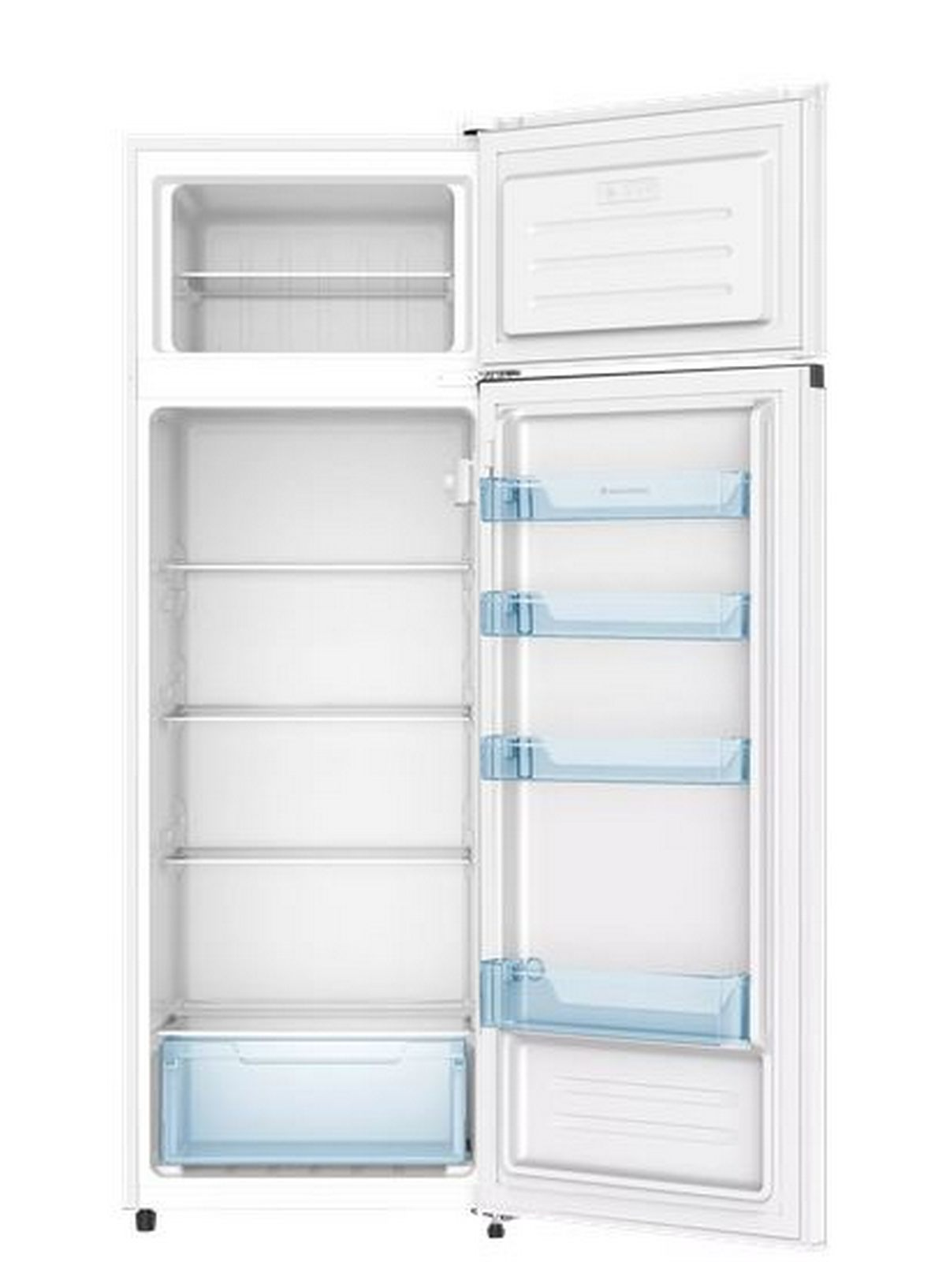 Un refrigerador blanco con el congelador superior abierto y la sección principal abierta con estantes.