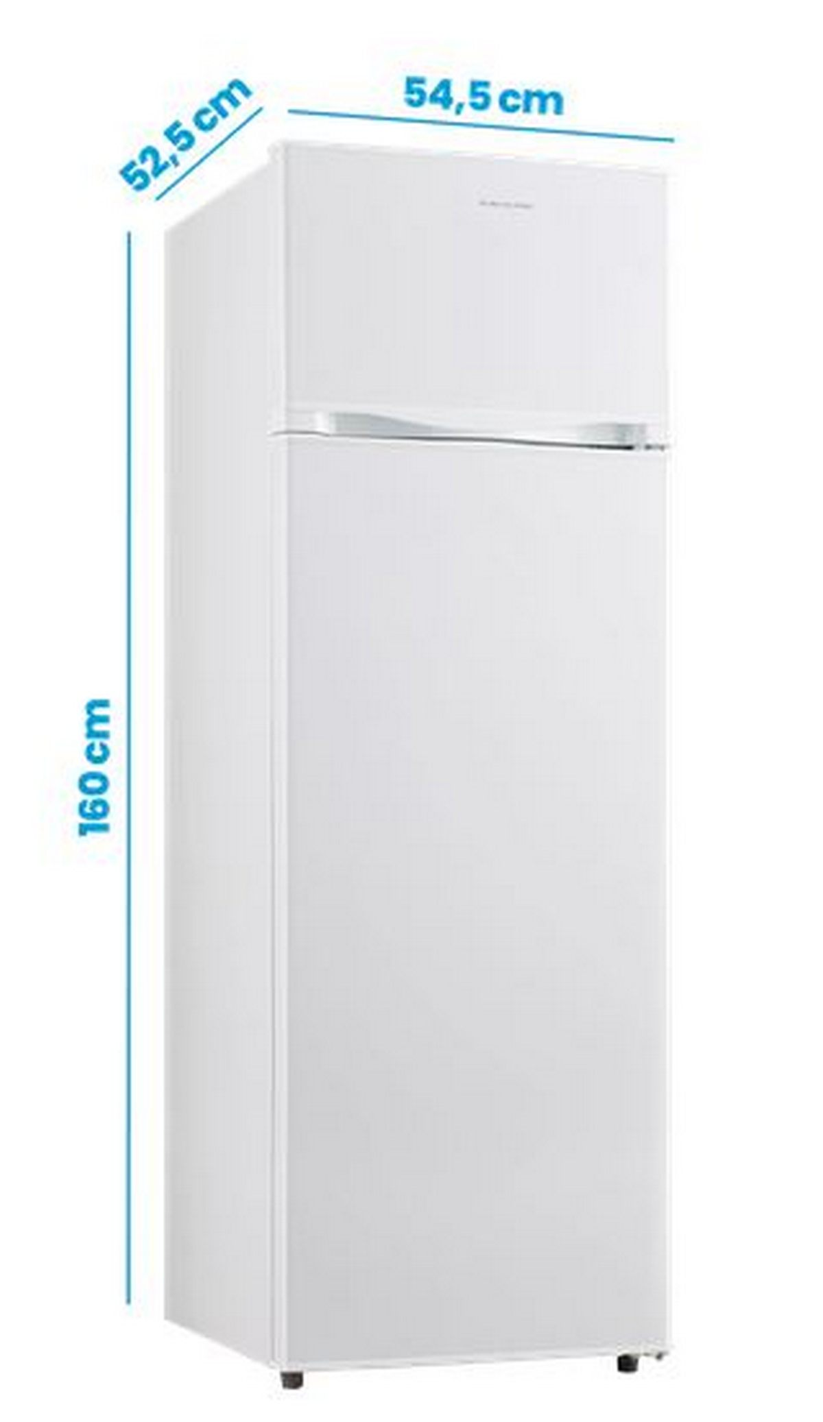 Un refrigerador blanco con dimensiones de 160 cm de alto, 54,5 cm de ancho y 52,5 cm de profundidad.