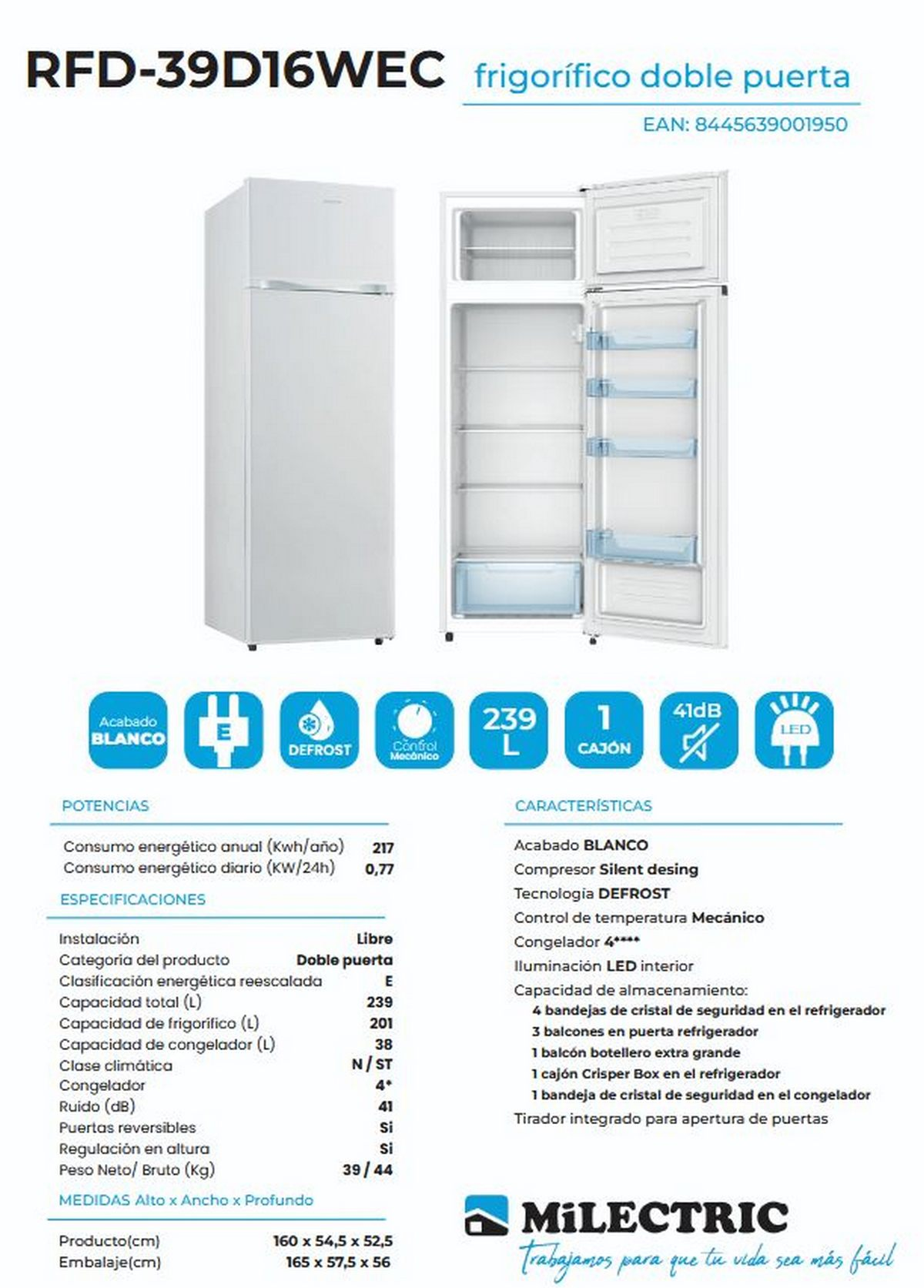 Anuncio del frigorífico de doble puerta Milectric con especificaciones e iconos.