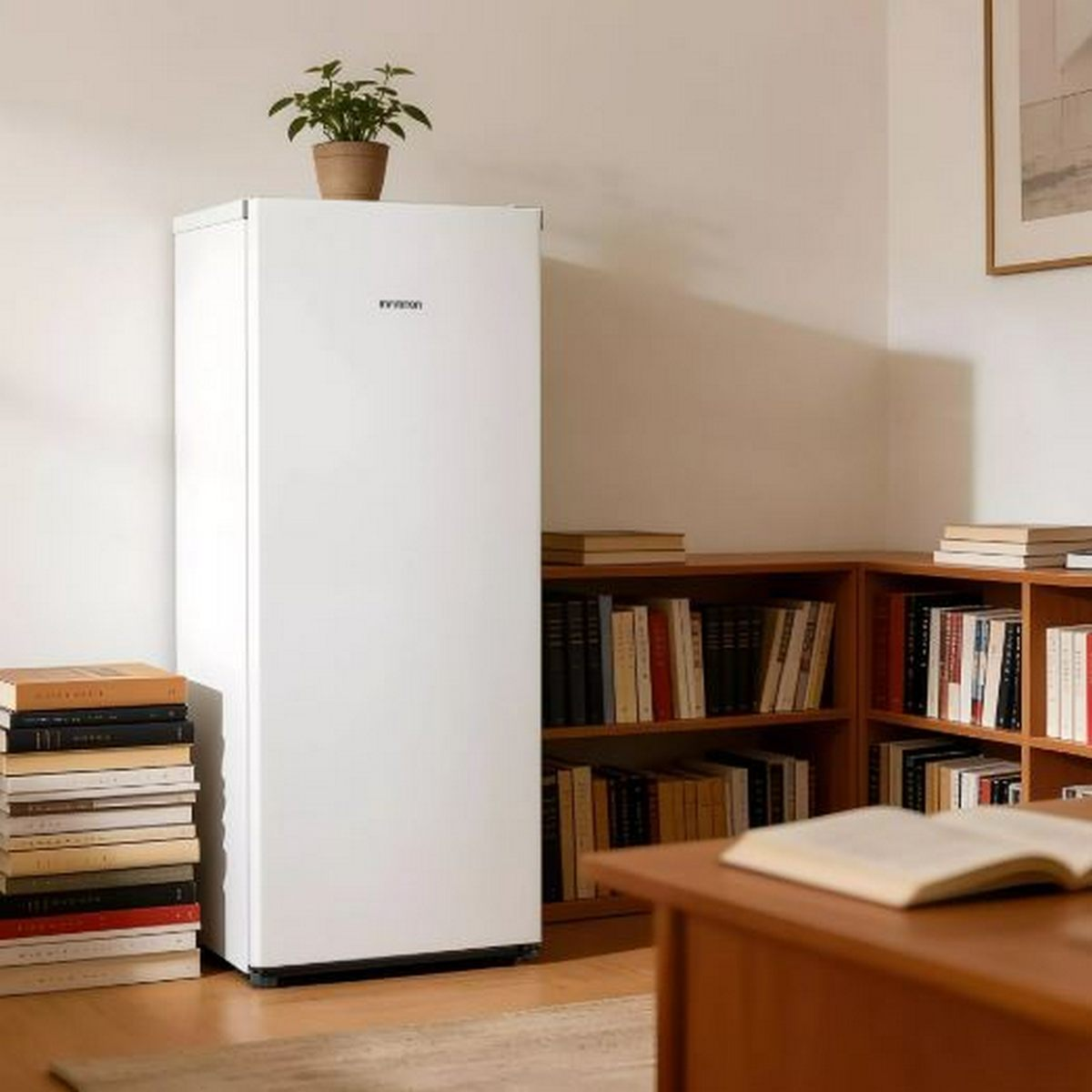 Un refrigerador blanco se encuentra junto a una pared clara en una habitación con estanterías de madera y una planta.