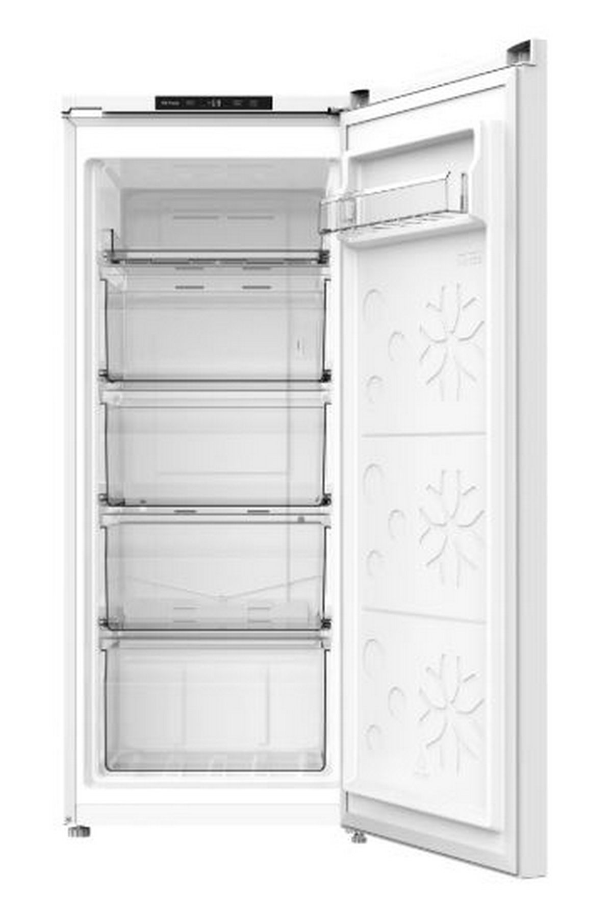 Un congelador vertical blanco con la puerta abierta, mostrando cuatro cajones transparentes.