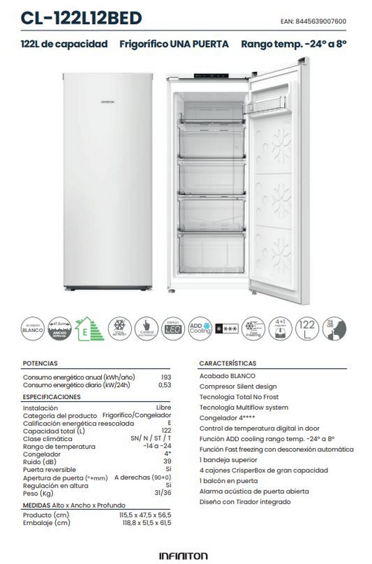 Frigorífico blanco de una puerta Infiniton con especificaciones y características.