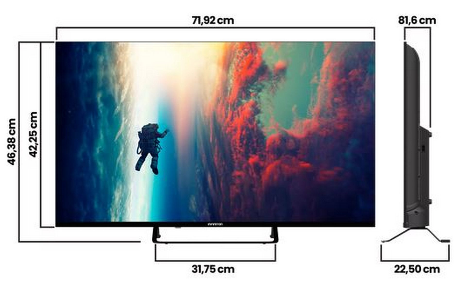 Diagrama técnico con medidas frontales y laterales de un televisor de pantalla plana que muestra a un astronauta.