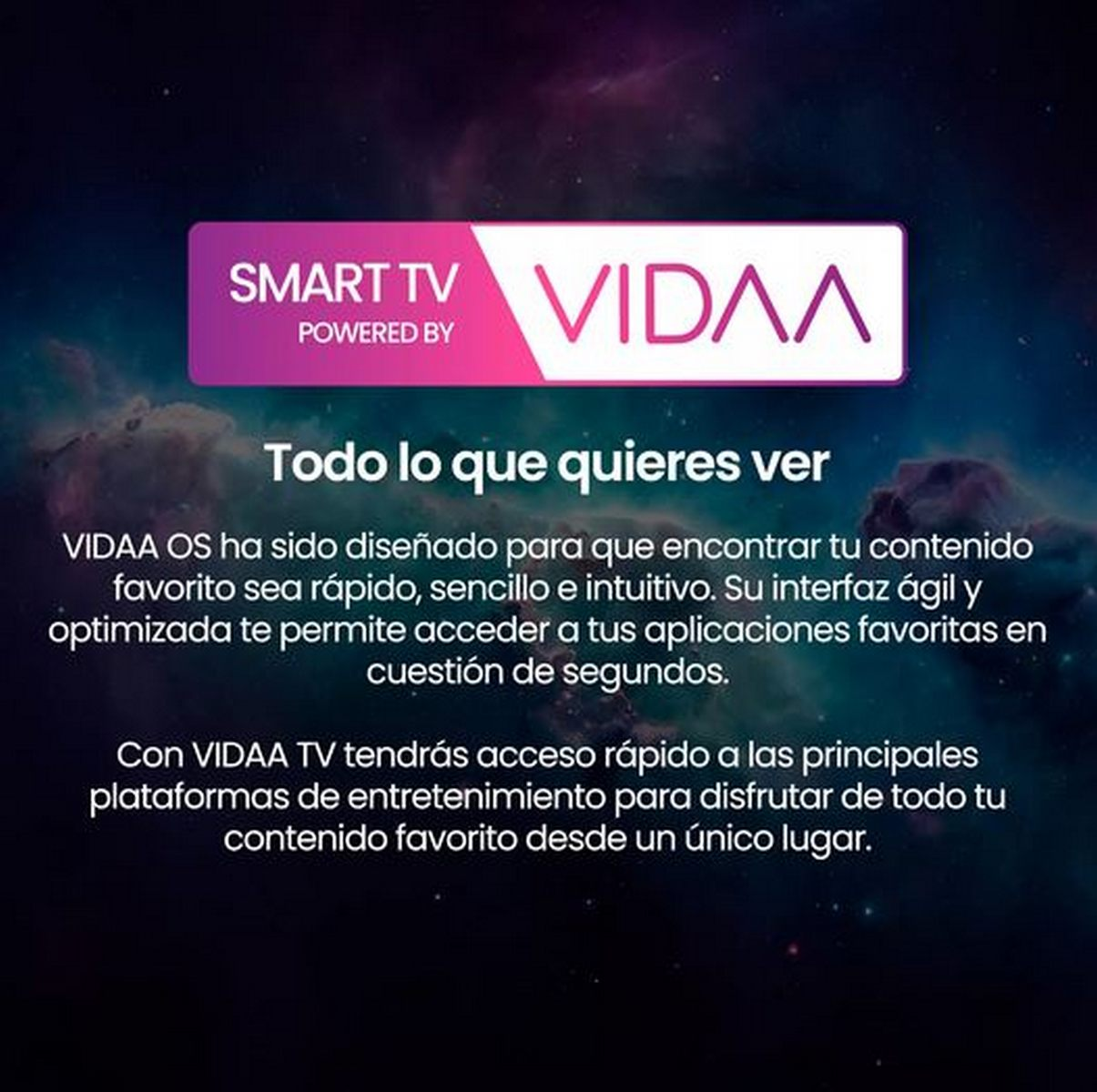 Logo de Smart TV powered by VIDAA OS sobre fondo de nebulosa morada con texto en español.