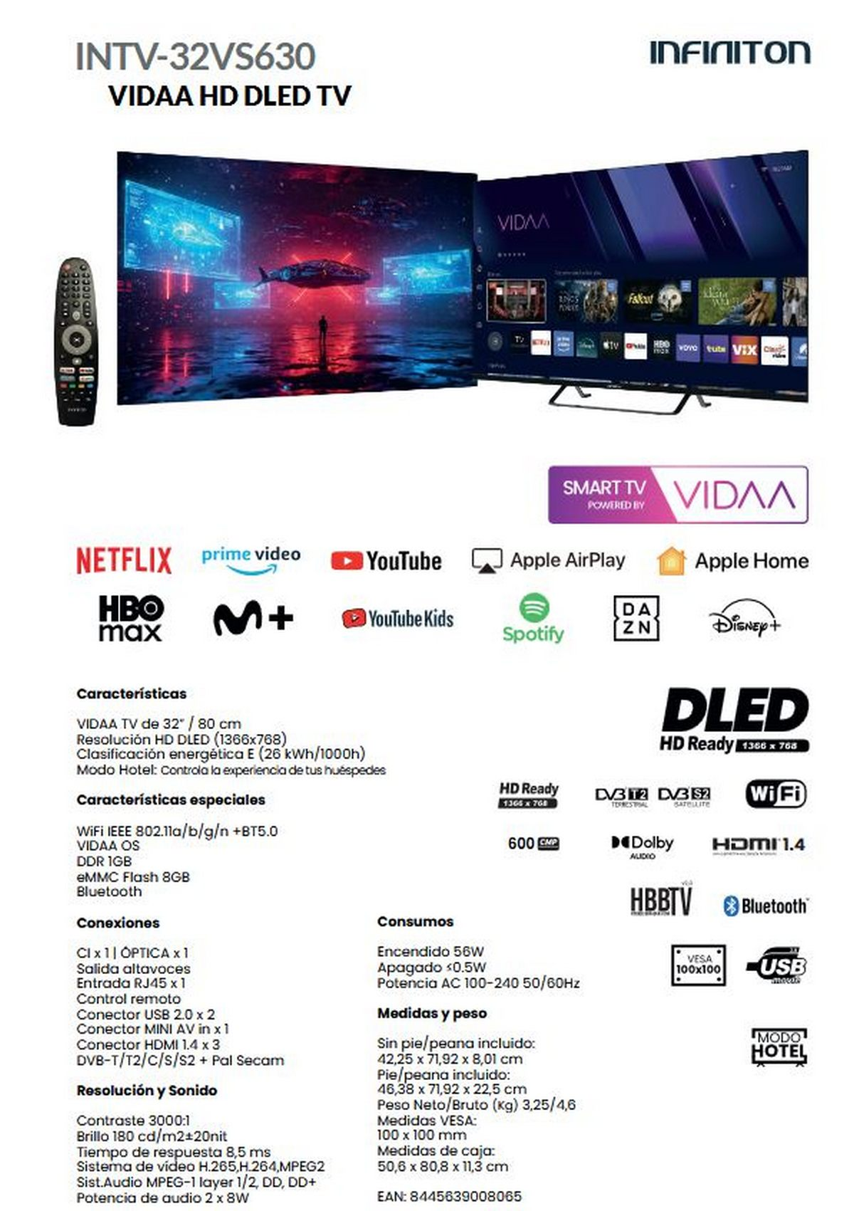 Ficha de producto para TV Infiniton 32 pulgadas VIDAA HD LED con especificaciones y logos.