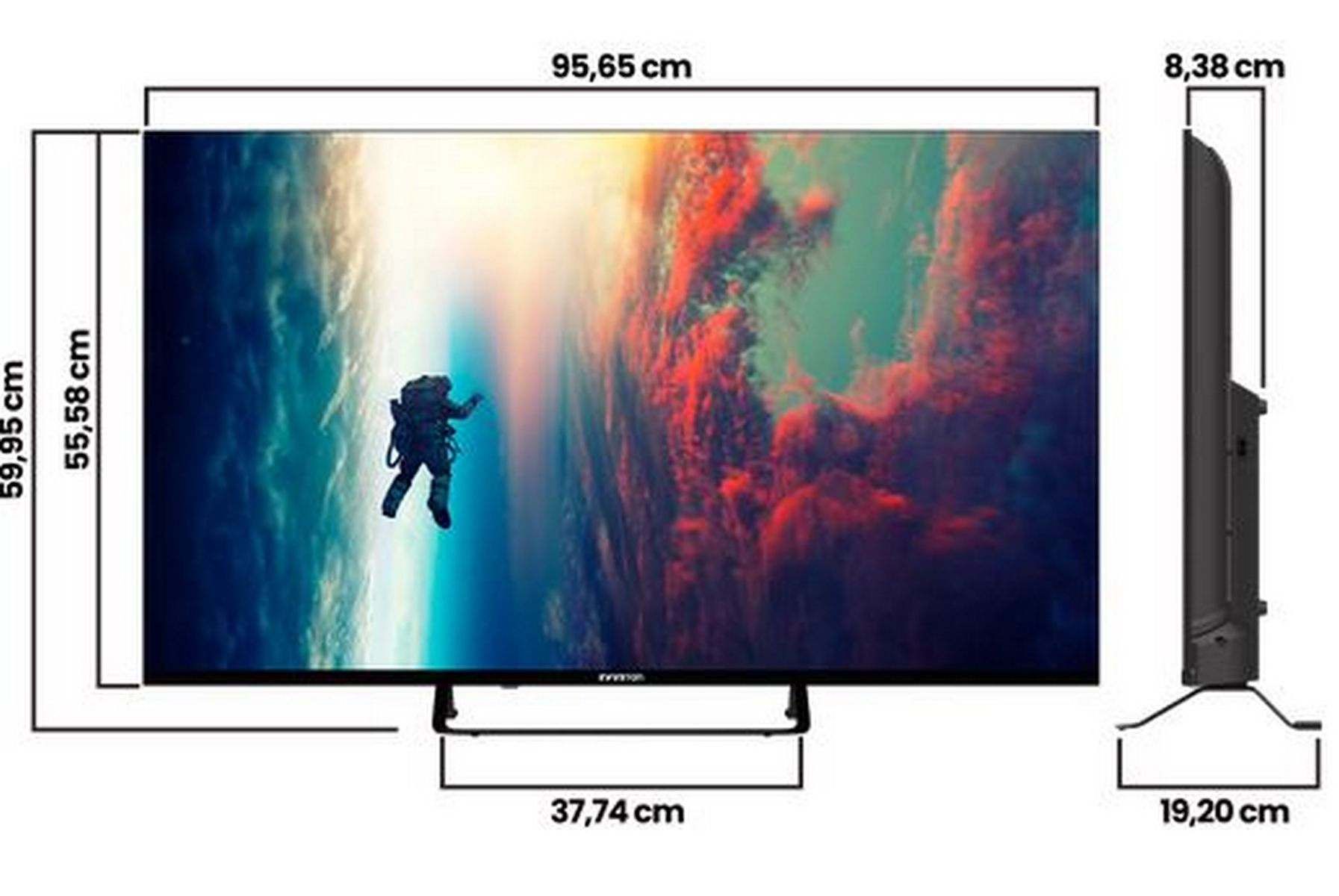 Dibujo técnico de un televisor con medidas exactas en centímetros.