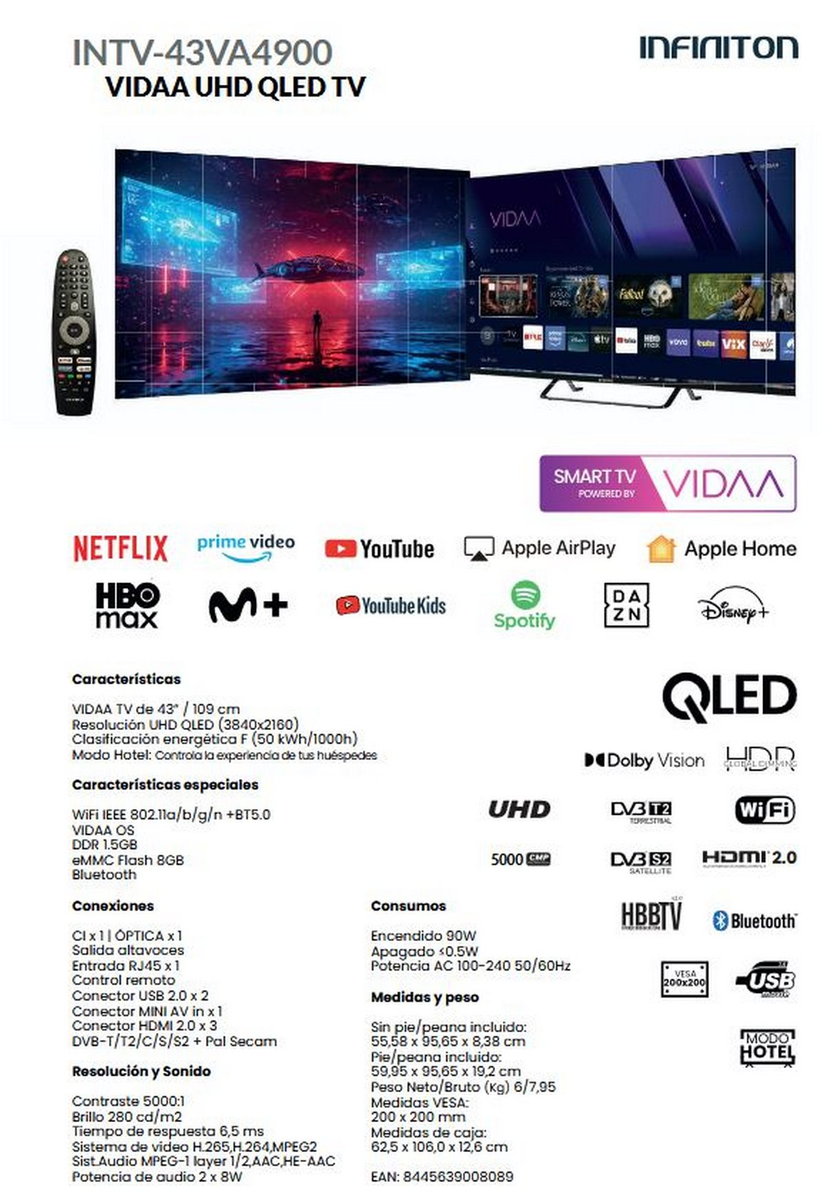 Especificaciones técnicas y características del televisor Infiniton 43VA4900 VIDAA UHD QLED con mando y logos.