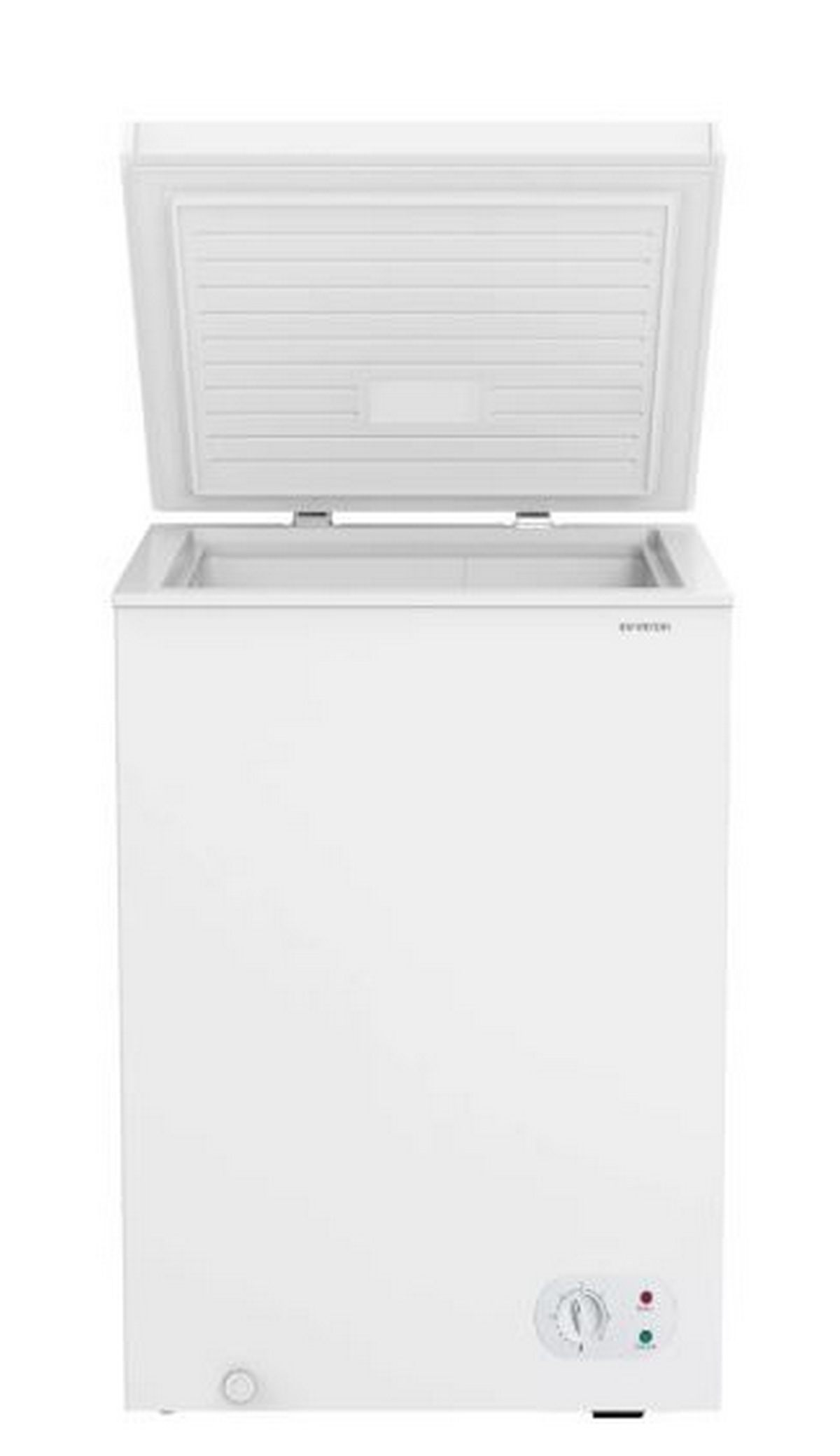 Un congelador horizontal blanco con la tapa abierta, un dial de temperatura y dos luces de estado al frente.