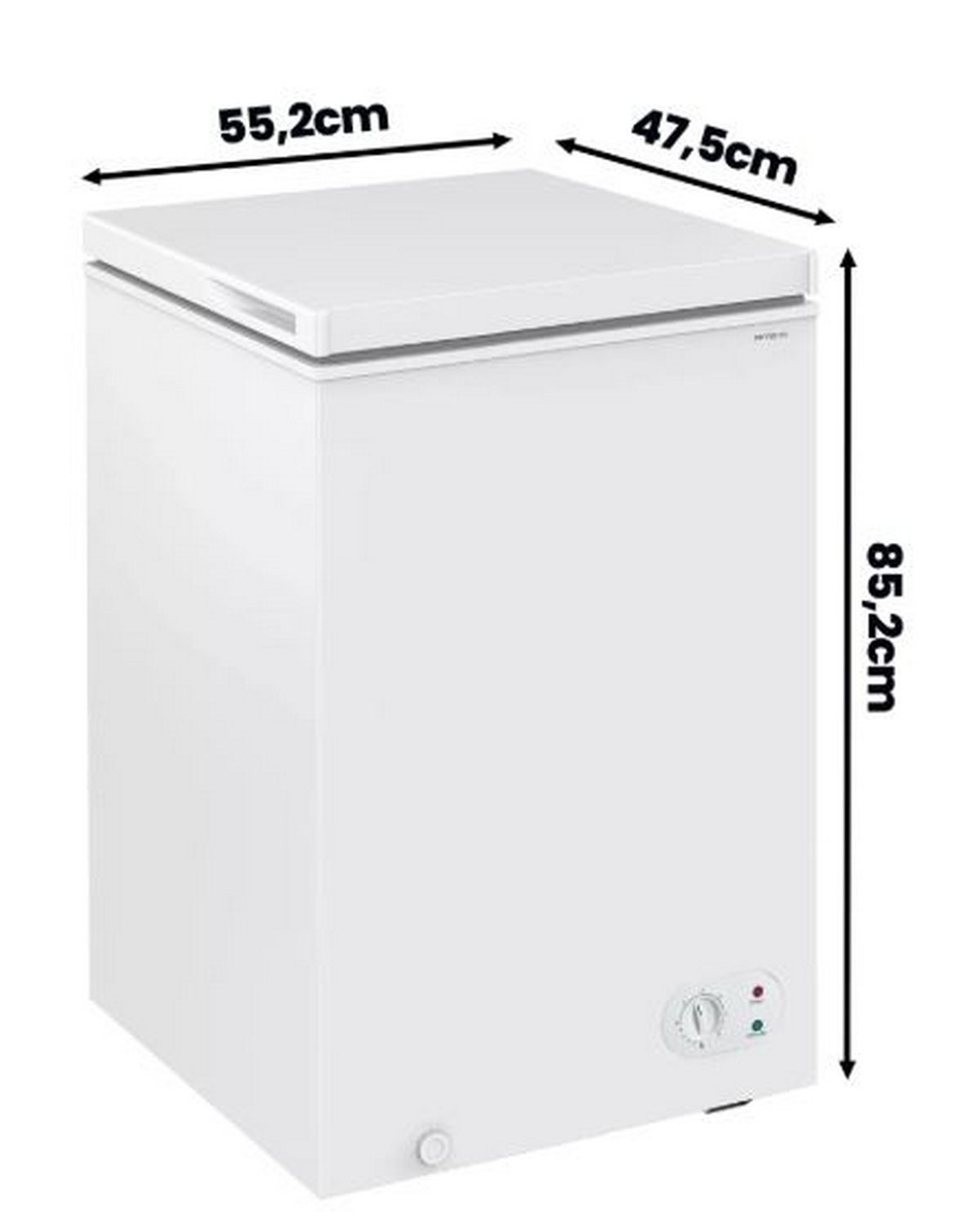 Congelador horizontal blanco con dimensiones de 55,2 cm de ancho, 47,5 cm de profundidad y 85,2 cm de alto.