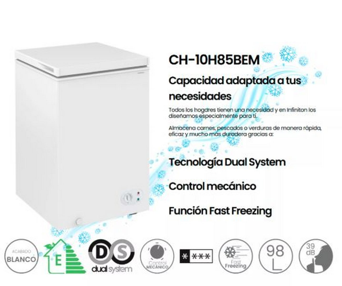 Congelador horizontal blanco CH-10H85BEM con texto descriptivo e iconos en fondo blanco.