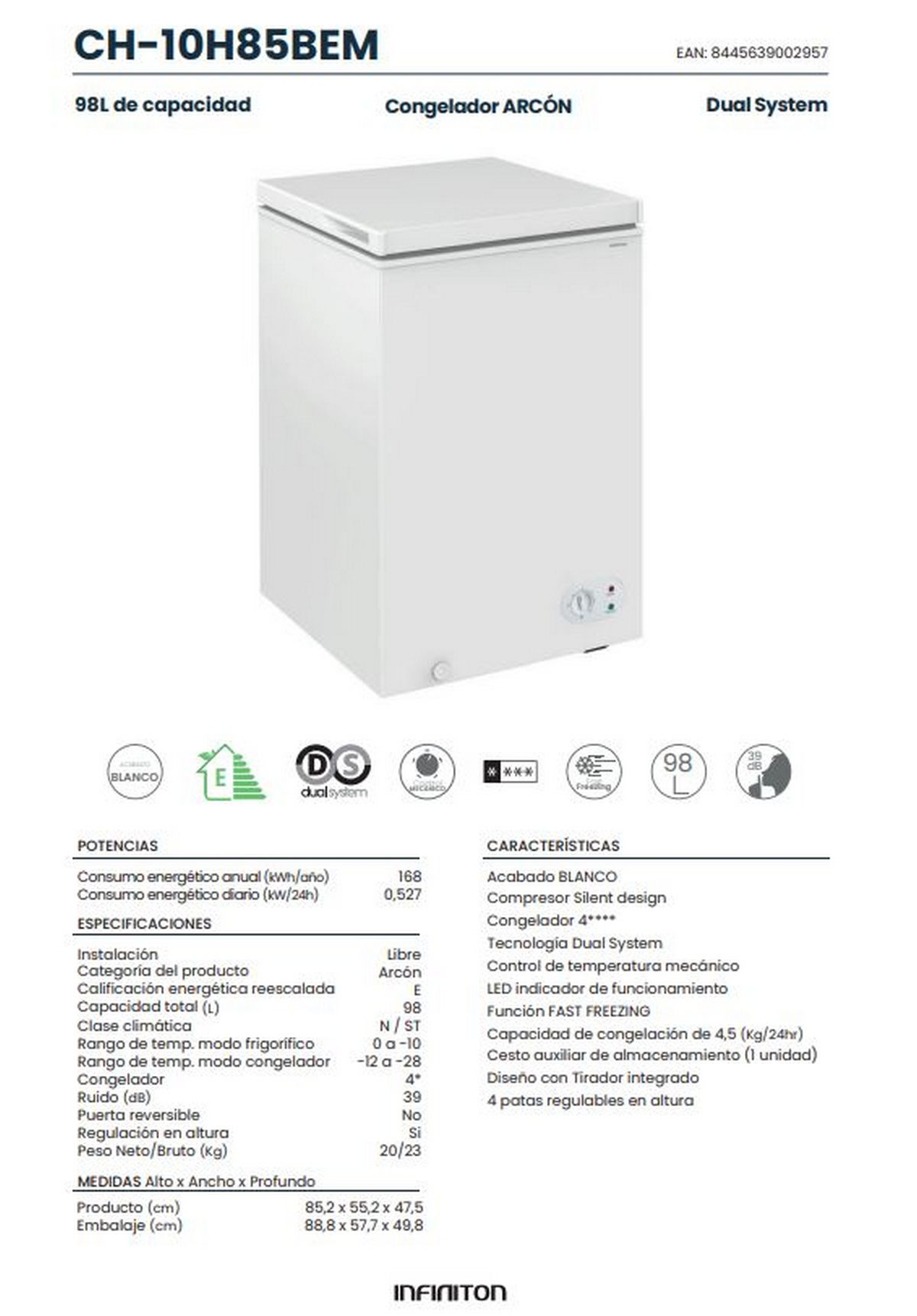 Congelador arcón blanco CH-10H85BEM con 98L de capacidad y especificaciones.