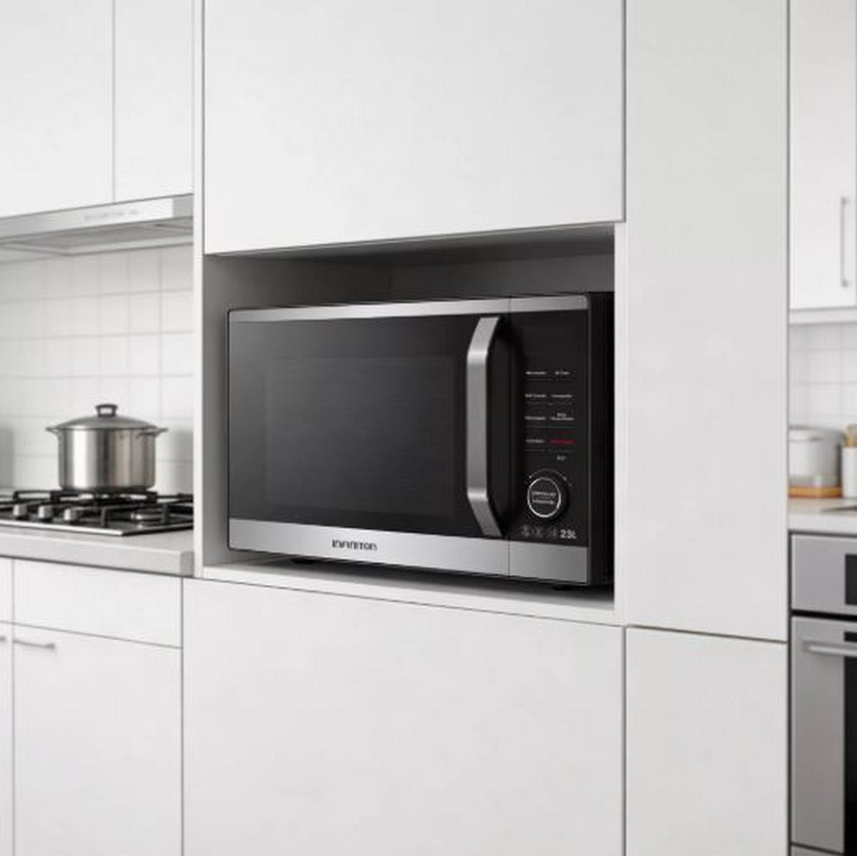 Microondas negro empotrado con asa plateada en mueble de cocina blanco.