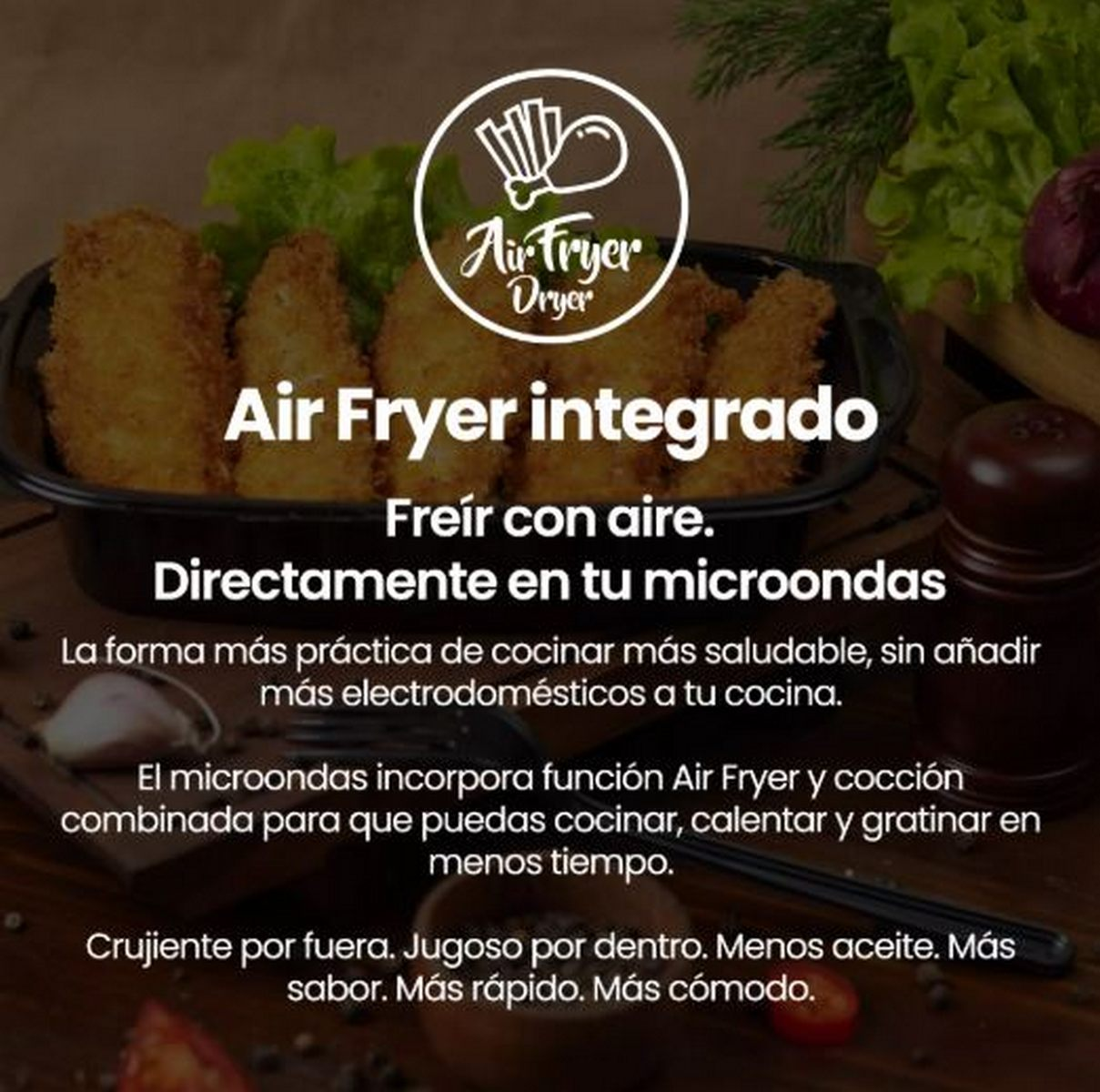 Una bandeja negra con comida frita, lechuga y texto promocional sobre un microondas con freidora de aire.