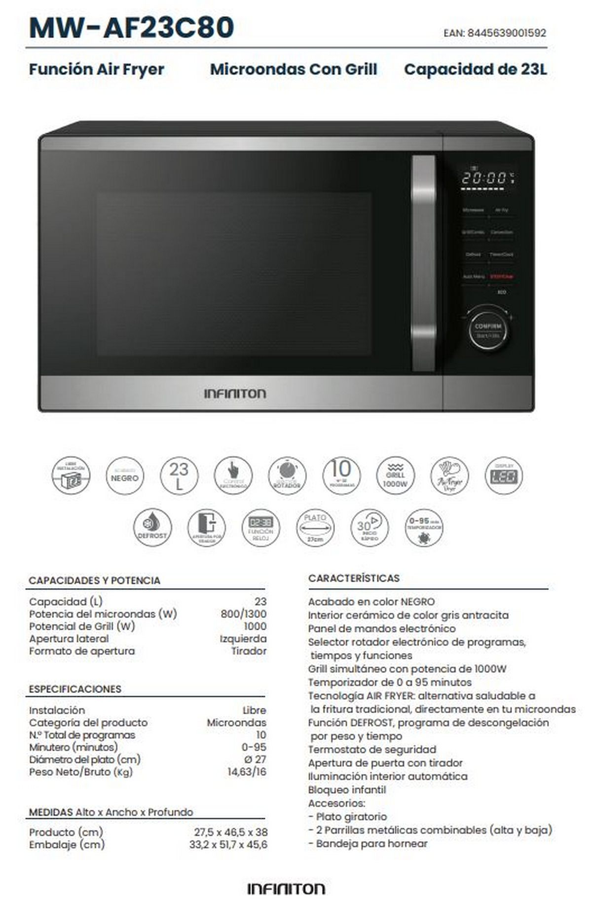 Microondas negro Infiniton con grill, airfryer y 23L de capacidad, con especificaciones técnicas.
