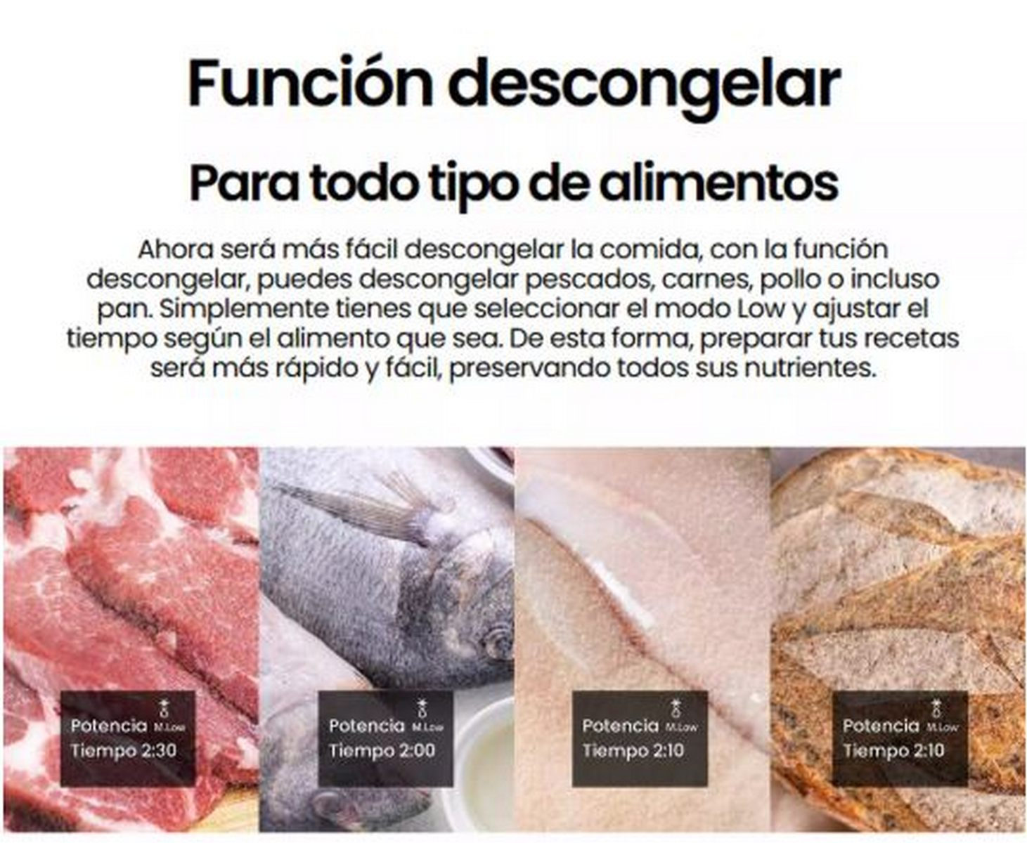 Función descongelar para alimentos como carne, pescado, pollo y pan, con tiempos y niveles de potencia recomendados.