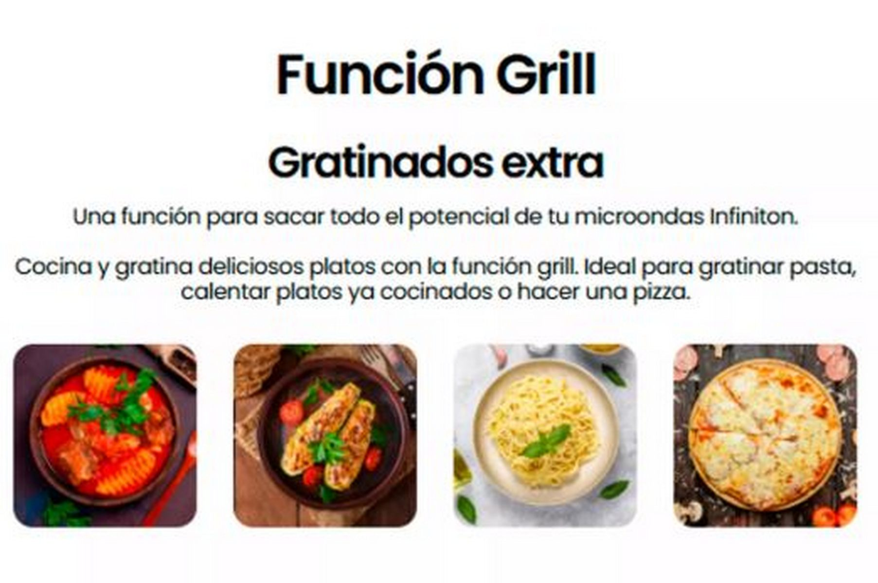 Imagen promocional para función grill con texto y cuatro fotos de comida.