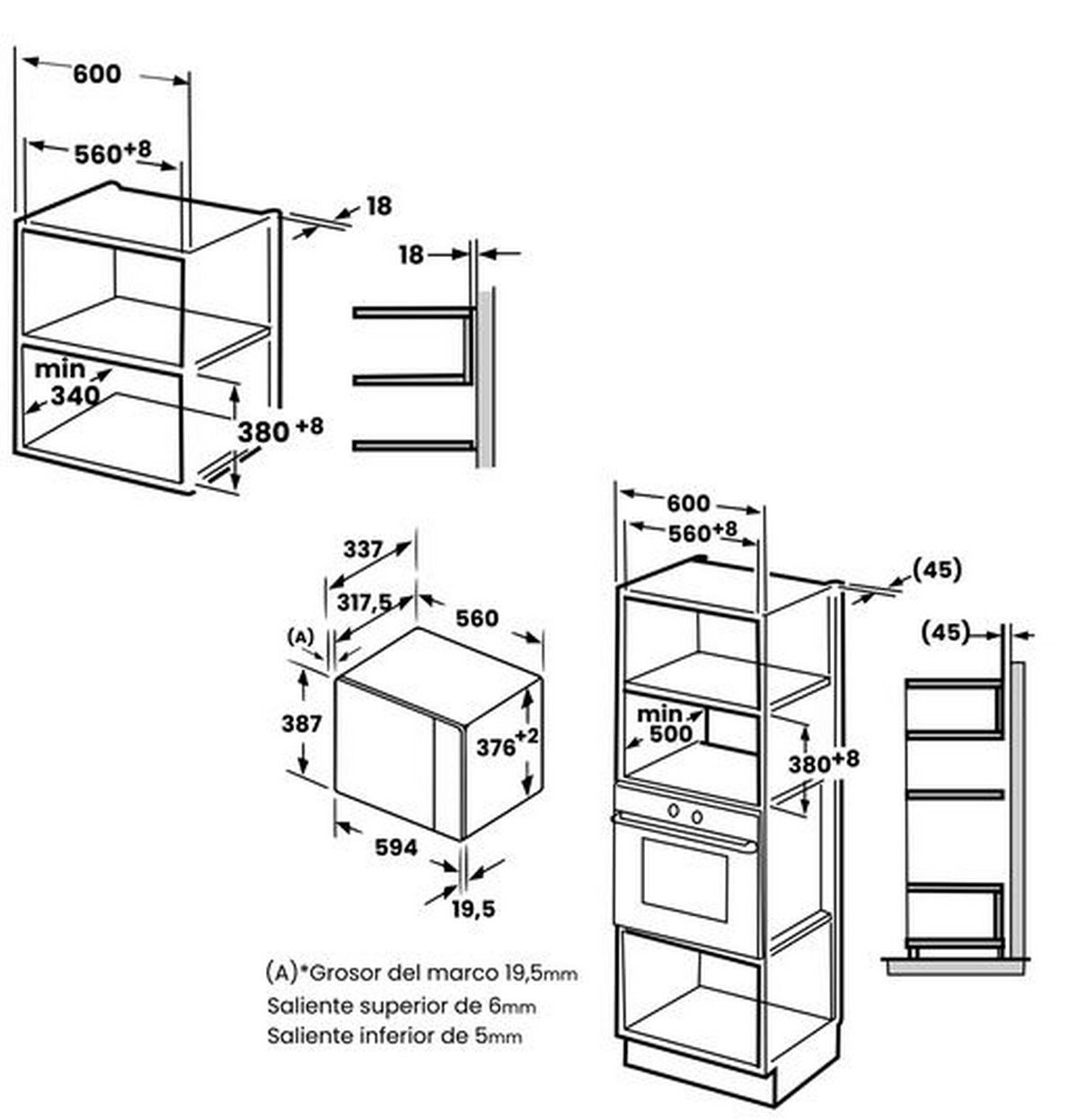 Dibujo técnico con dimensiones de instalación para electrodomésticos y muebles de cocina.