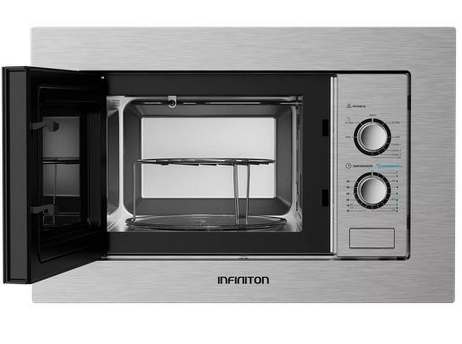 Microondas de acero inoxidable con la puerta abierta mostrando el interior, una parrilla y un panel de control.
