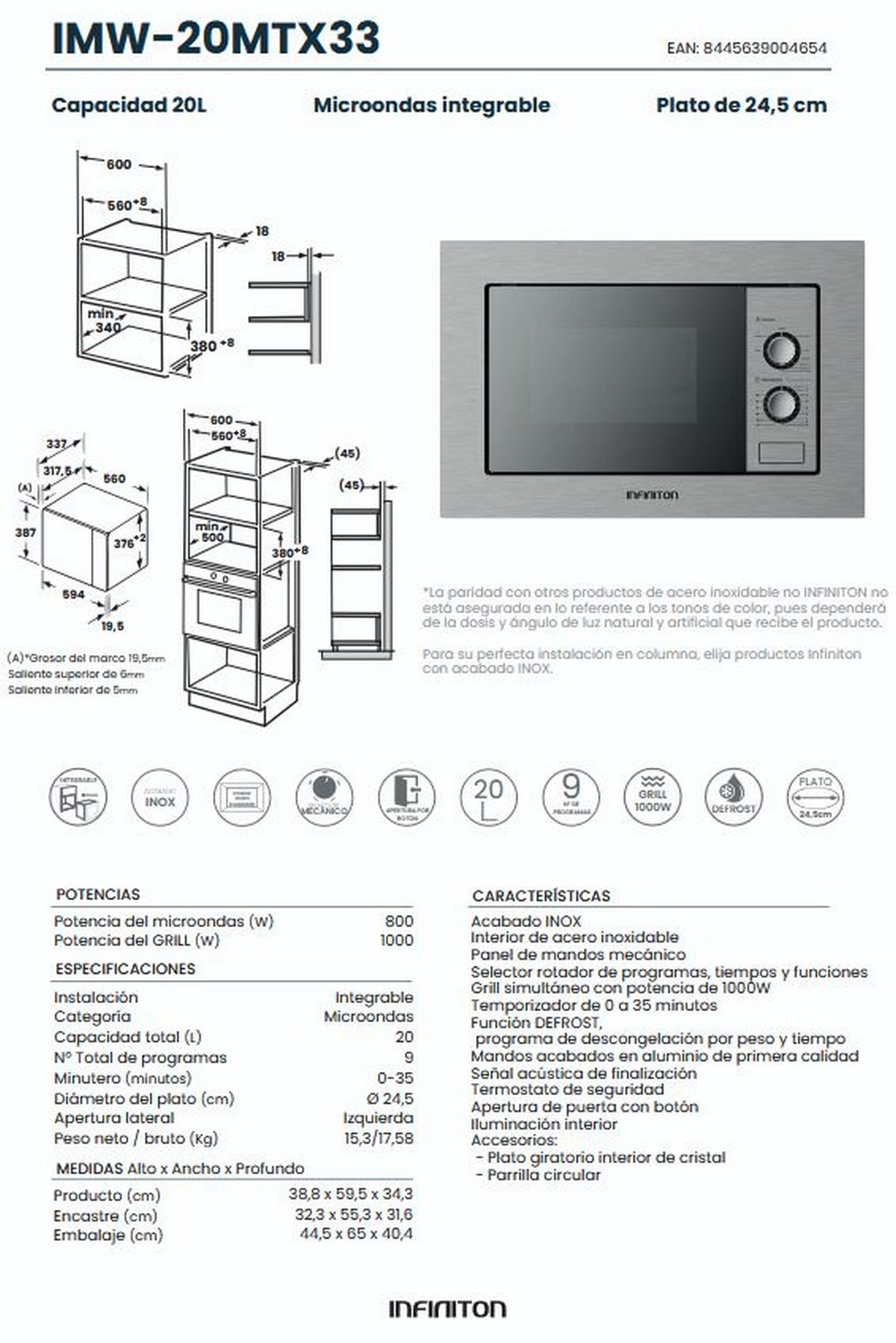 Ficha técnica de microondas integrable Infiniton con dimensiones y características.