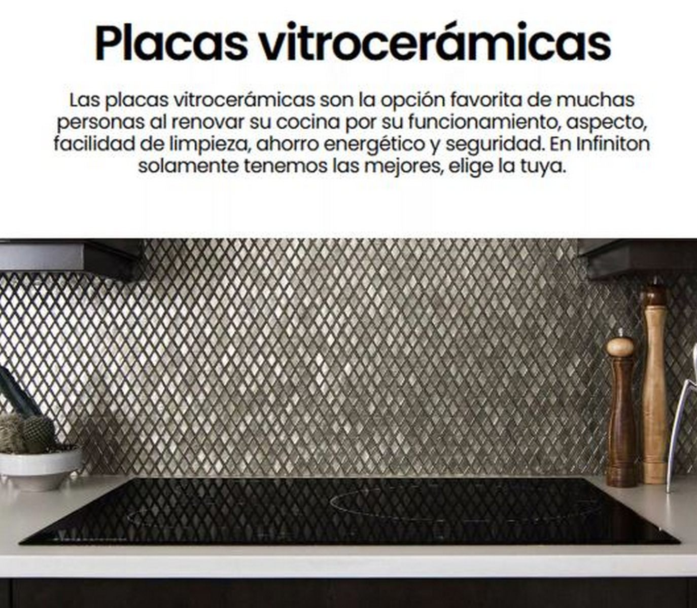 Placa vitrocerámica negra moderna en una cocina con azulejos de rombos y texto.