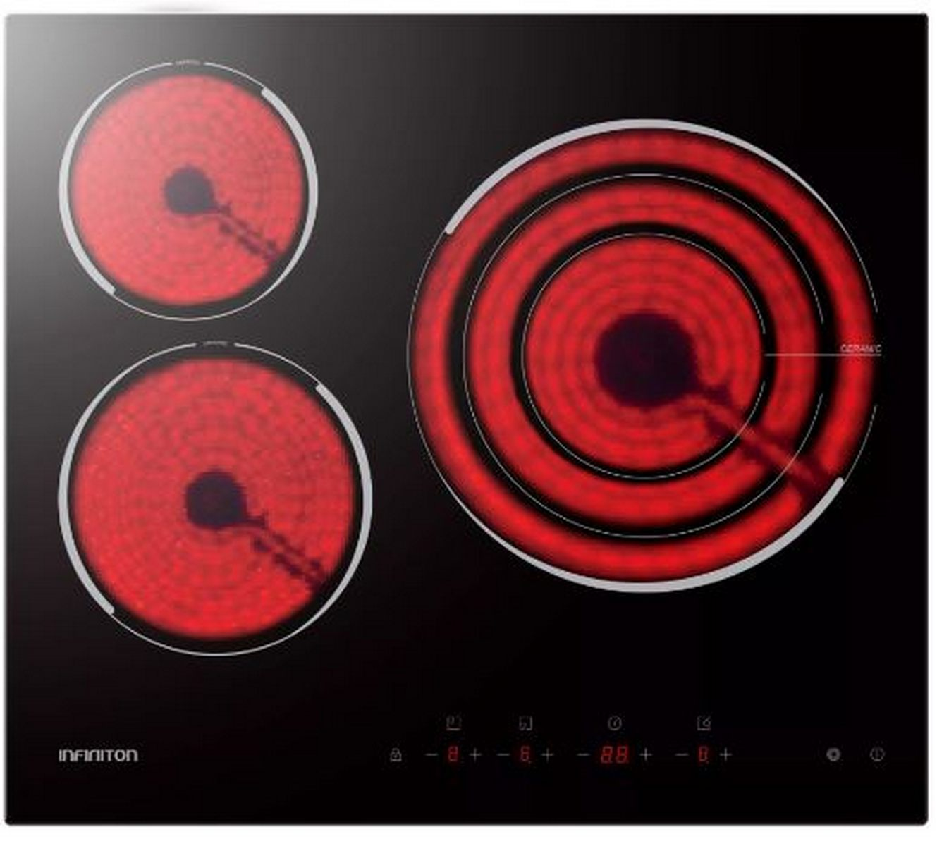 Placa vitrocerámica negra con tres zonas de cocción encendidas de color rojo y panel táctil.