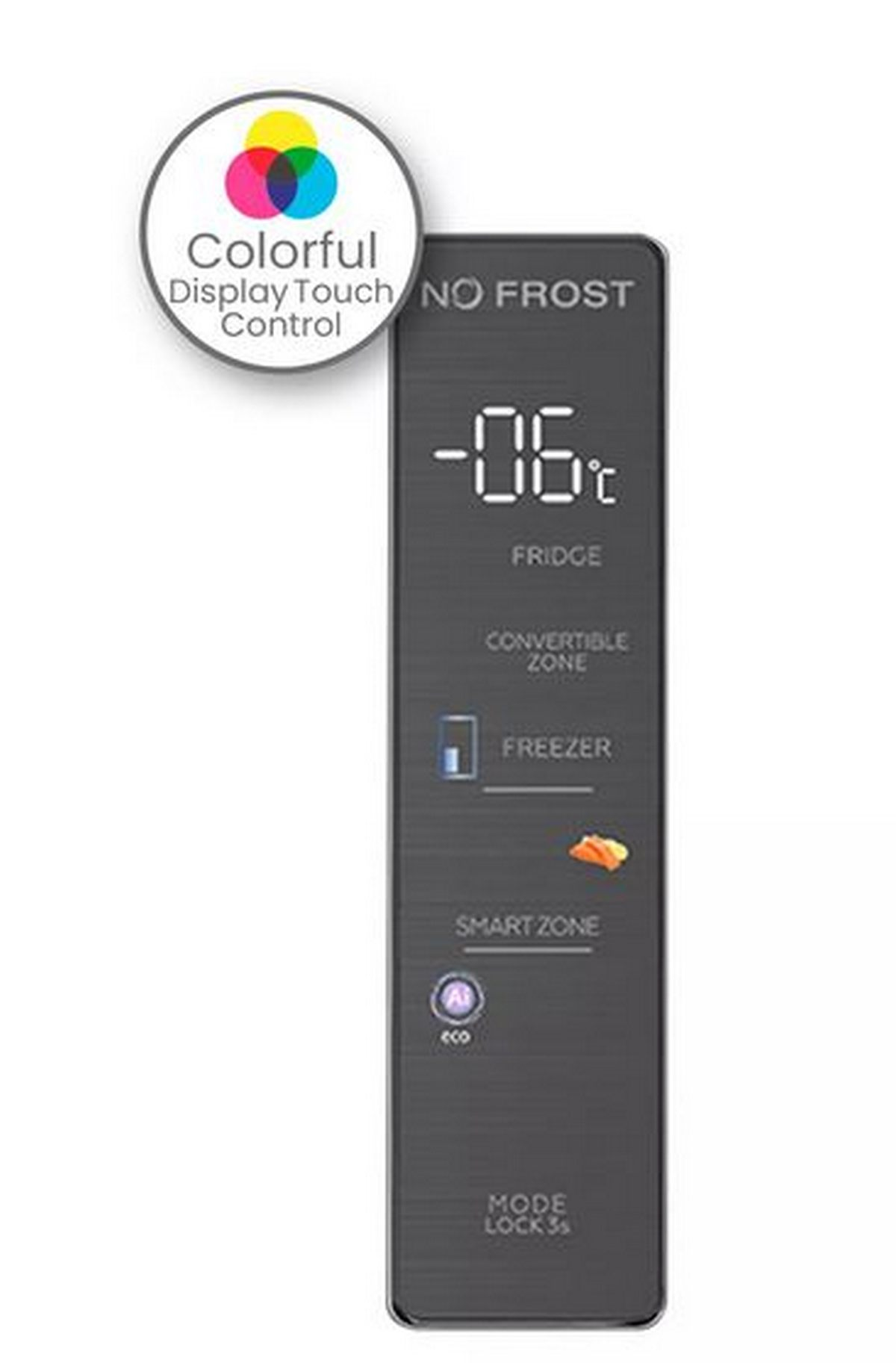 Un panel de control táctil negro para refrigerador que muestra temperatura y ajustes, con etiqueta de pantalla colorida.