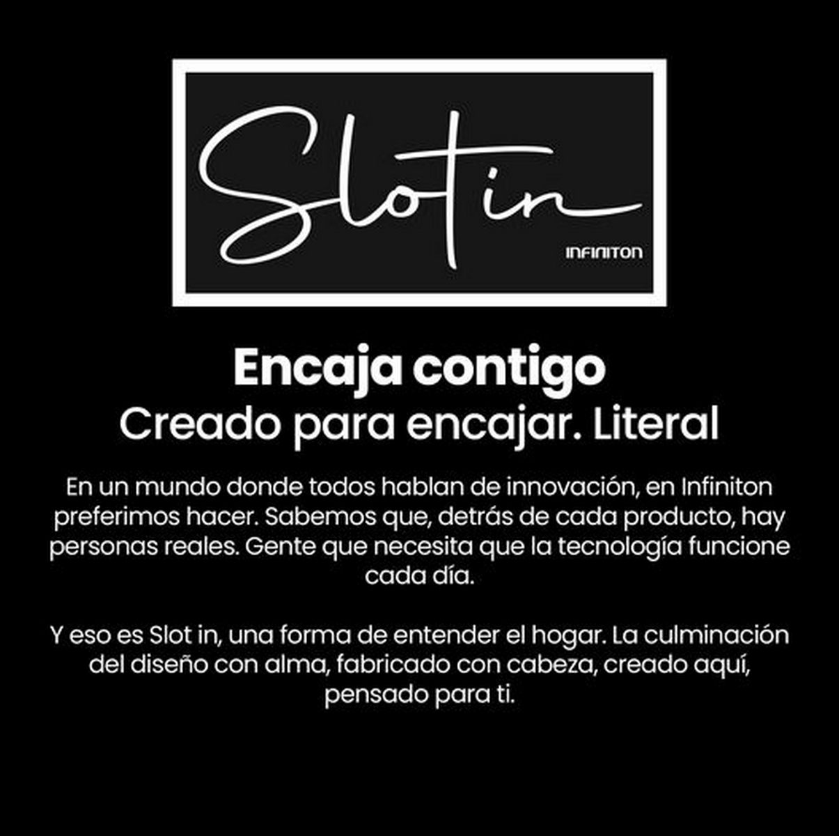 Texto publicitario de Slot in Infiniton en español con un logotipo sobre fondo negro.