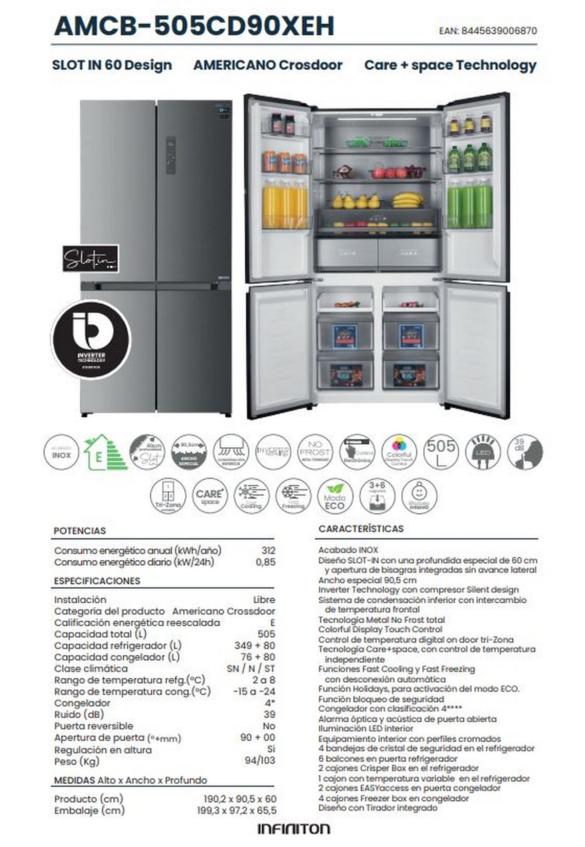 Frigorífico gris AMCB-505CD90XEH cerrado y abierto con alimentos, acompañado de especificaciones técnicas.