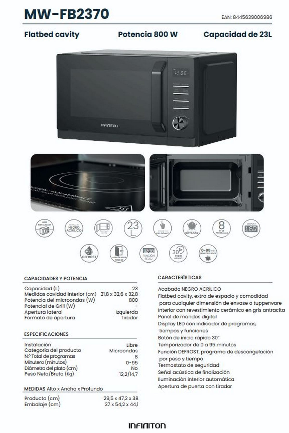 Ficha técnica del microondas negro Infiniton MW-FB2370 con especificaciones y características.