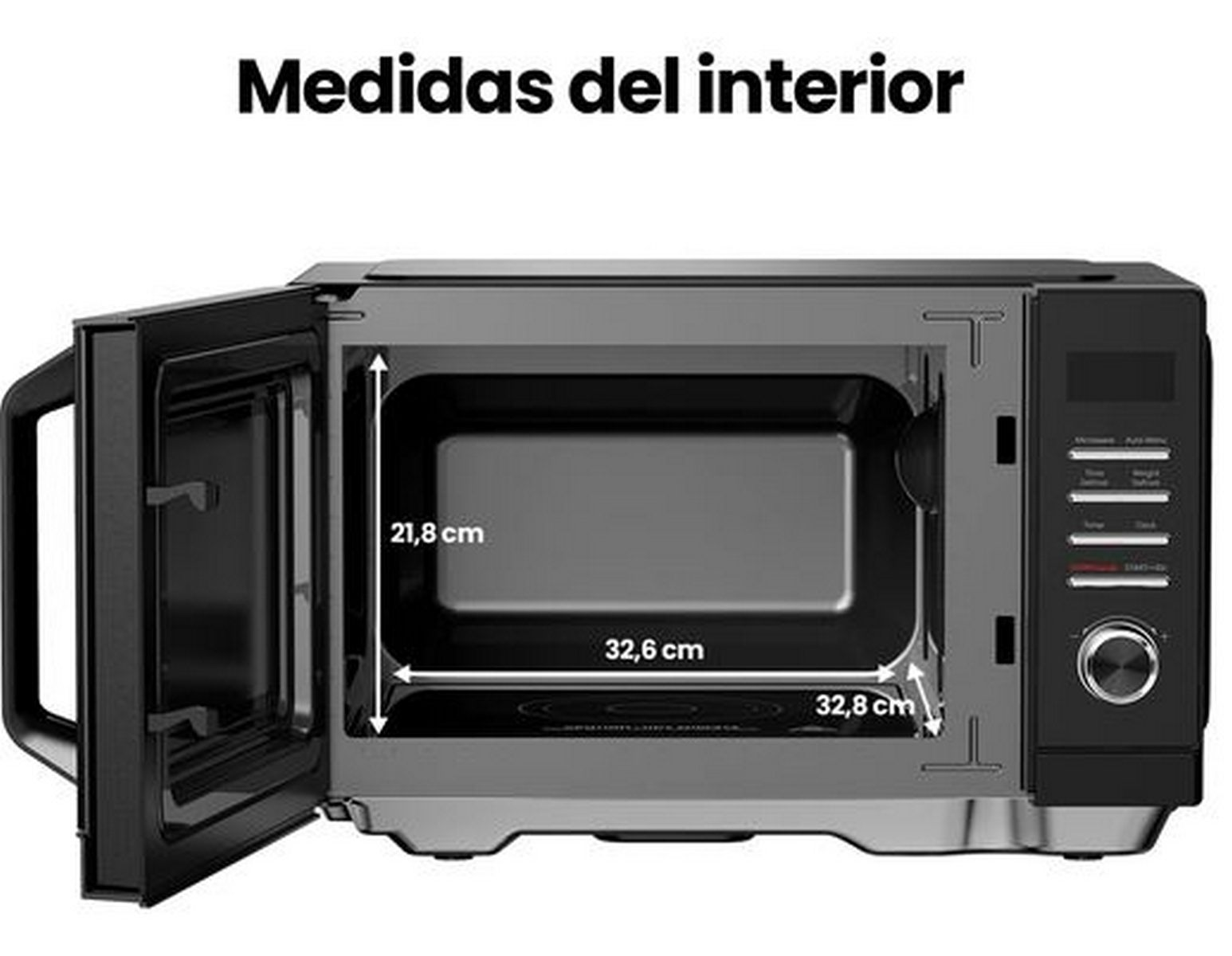 Microondas negro con puerta abierta mostrando medidas interiores de 21,8 cm de alto, 32,6 cm de ancho y 32,8 cm de fondo.