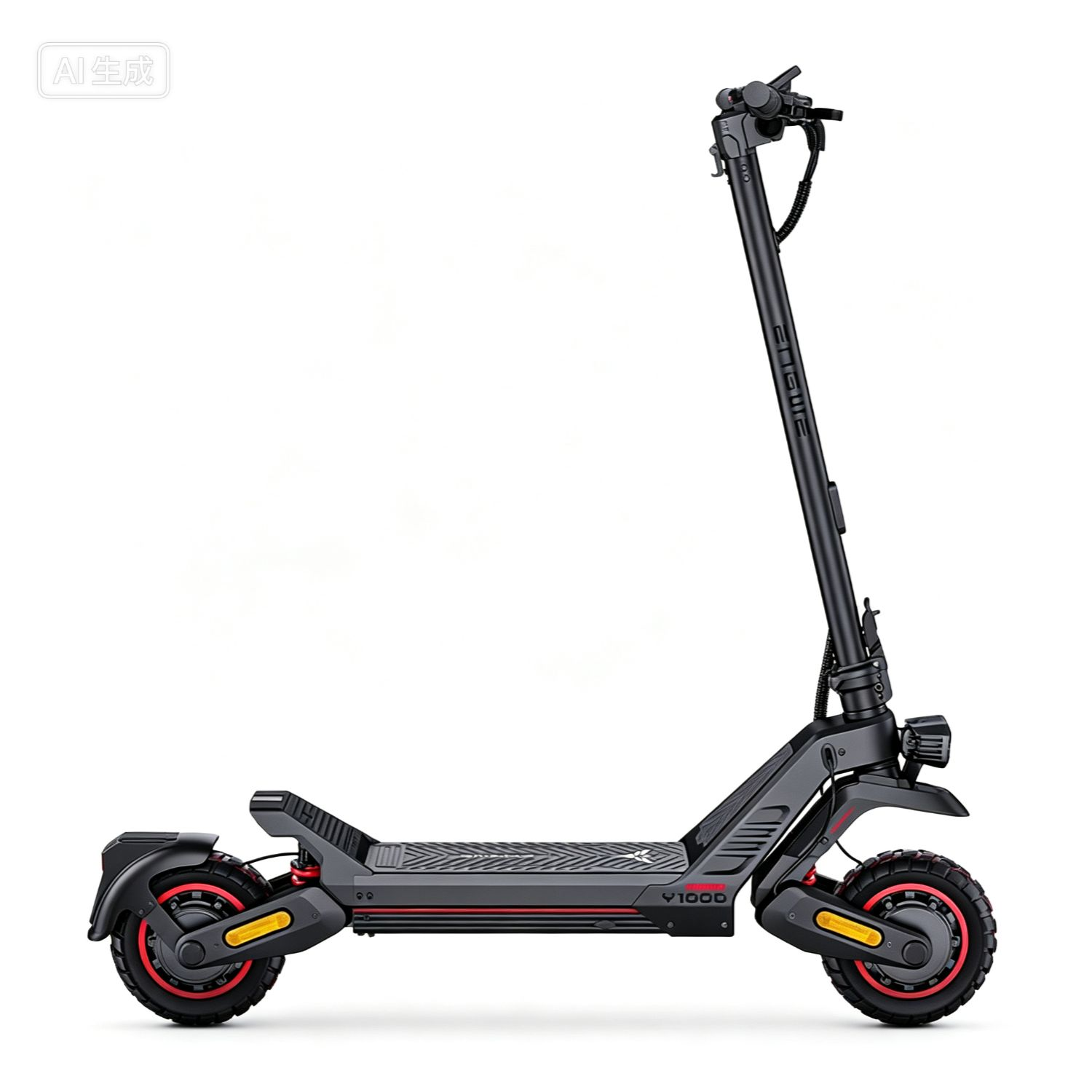 Un patinete eléctrico negro con llantas rojas y reflectores amarillos sobre fondo blanco.